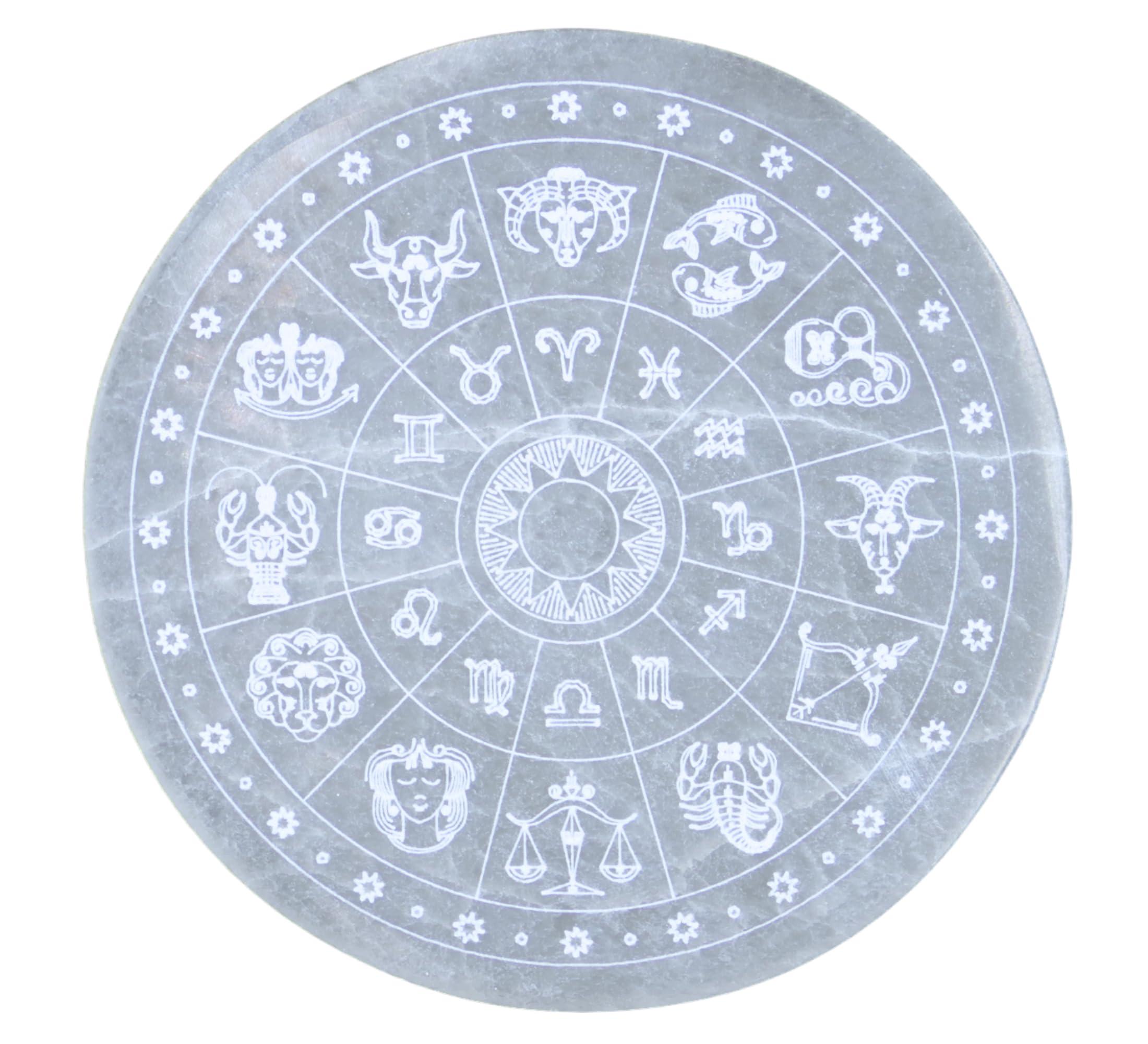 Xen Minerals Xen Minerals Selenite Disk with Zodiac Engraving Crystal Jewelry Charging Plate Tray Coaster Stone, scrying Plates Board for Stones, Crystals Hecate Altar grids and Healing Wicca Slab Wiccan Plate
