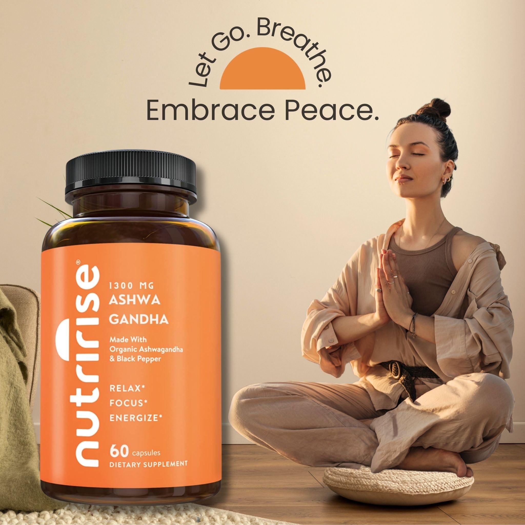NutriRise NutriRise Organic Ashwagandha Root Capsules with Black Pepper, 1300mg, Natural Stress & Mood, Thyroid & Immune Support Supplement, Clarity, Focus & Energy, Gluten Free, 60 Count