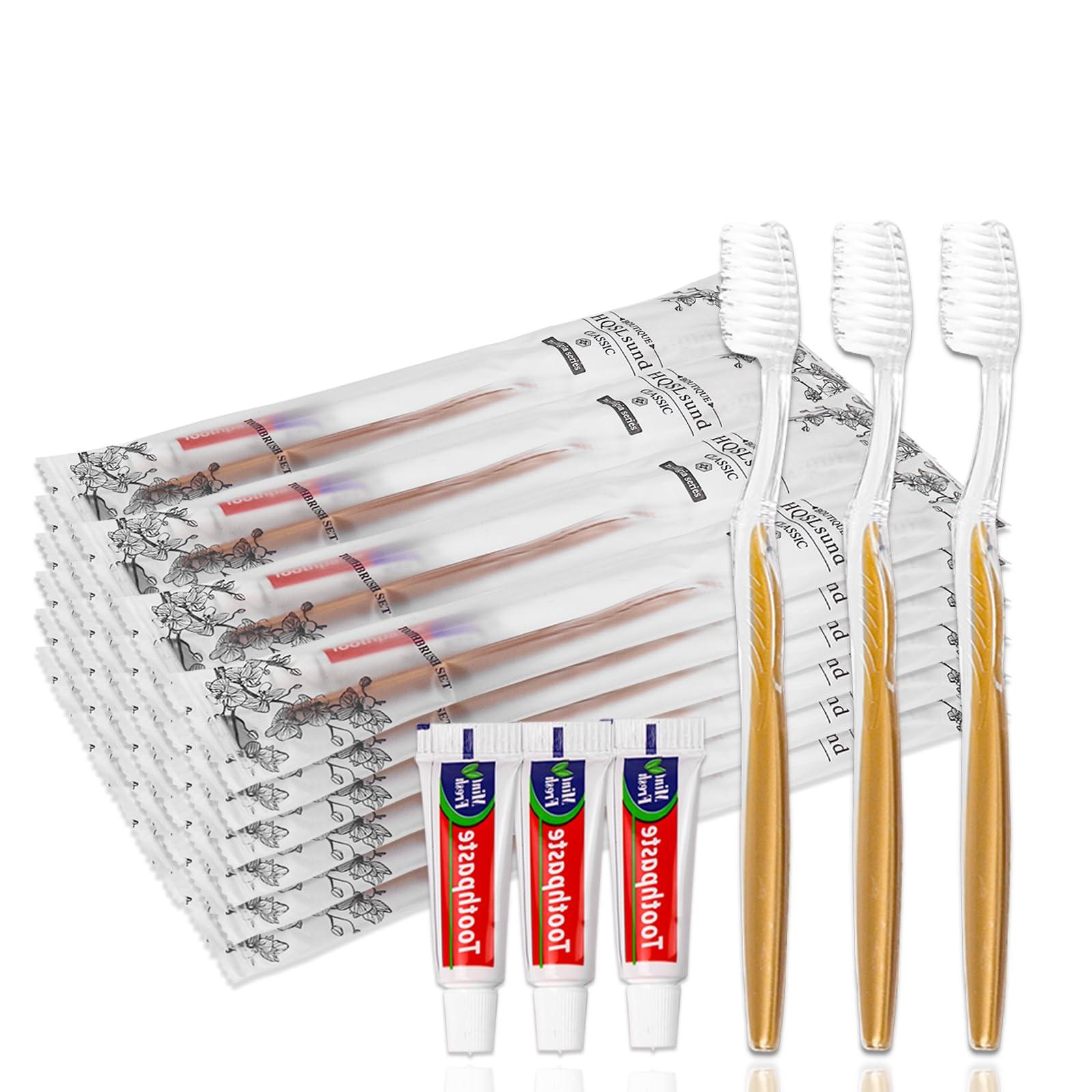 HQSLsund HQSLsund 20 pcs Disposable Toothbrush with Toothpaste Bulk Individually Wrapped, Travel Toothbrush Kit, Hotel Toothbrushes Bulk for Airbnb,Shelter/Wedding/Nursing Home/Charity/Homeless, Gold