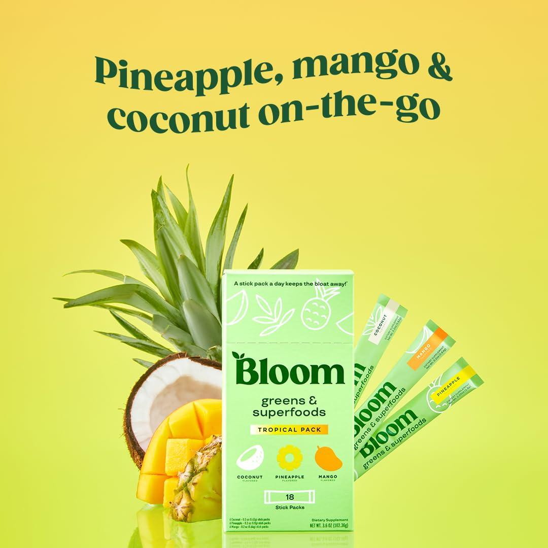 Bloom Nutrition Bloom Nutrition Superfood Greens Powder Stick Packs, Digestive Enzymes with Probiotics and Prebiotics, Gut Health, Bloating Relief for Women, Chlorella, Green Juice Mix, 18 SVG, Tropical Variety