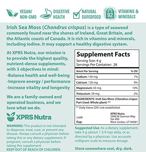 XPRS Nutra XPRS Nutra Irish Sea Moss Powder (Chondracanthus Chamissoi) - Premium Wildcrafted Seamoss Powder for Glowing Skin - Total Body Health Sea Moss Drink Powder - Vegan Friendly Irish Moss Powder (4 oz)