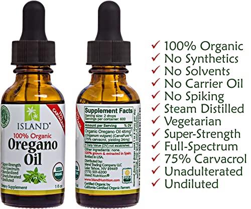 Island Nutrition Island Nutrition, Oregano Oil Organic Liquid Drops - 100% Pure & Undiluted - USDA-Certified Organic (1 oz) 75% Carvacrol - Grown in Spain - Immune Support Supplement with Oil of Oregano.