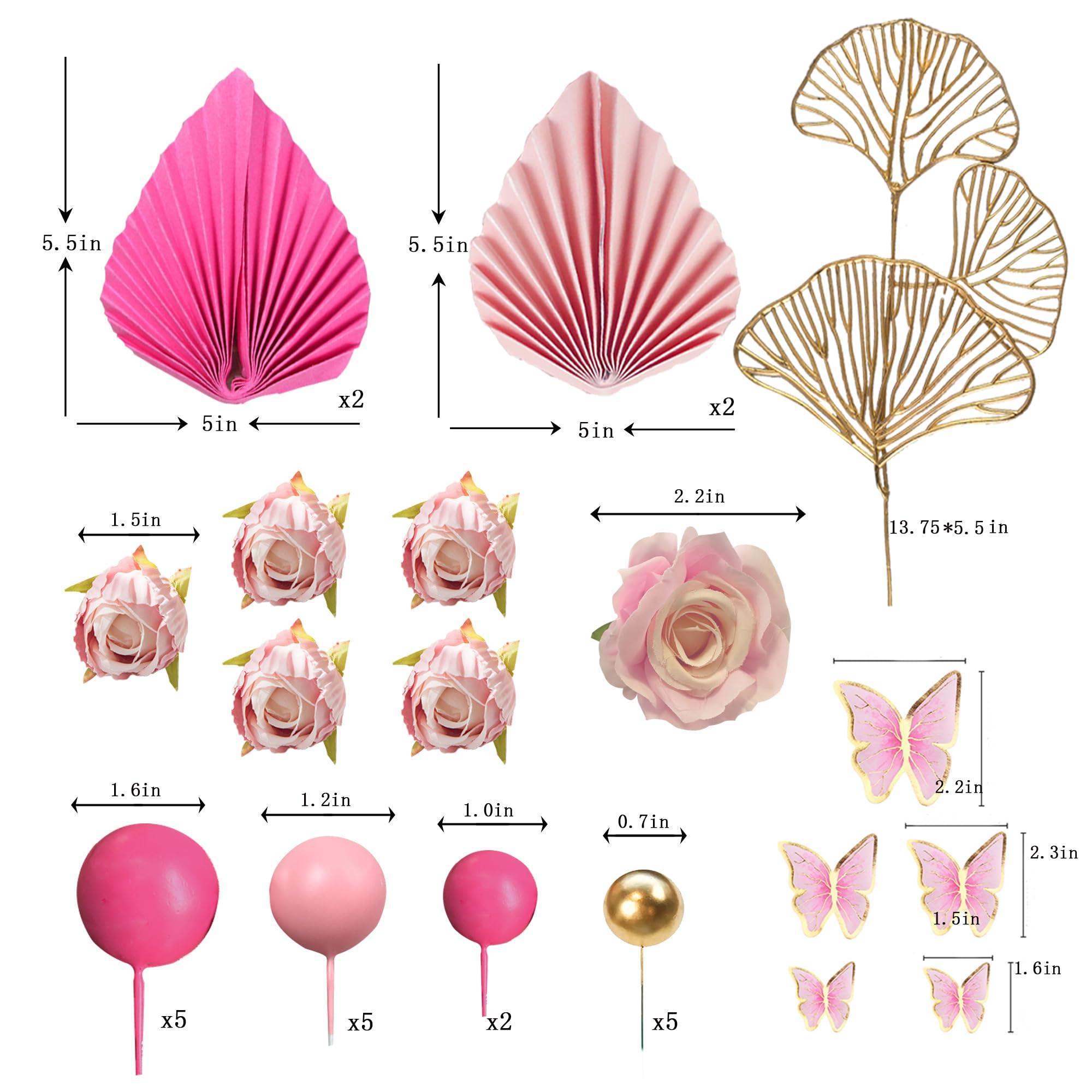 LEFUBABY Boho Flower Cake Toppers Balls Cake Decorations with Butterflies for Birthday Party Wedding Baby Shower Boho Themed Party Supplies (Hot Pink)