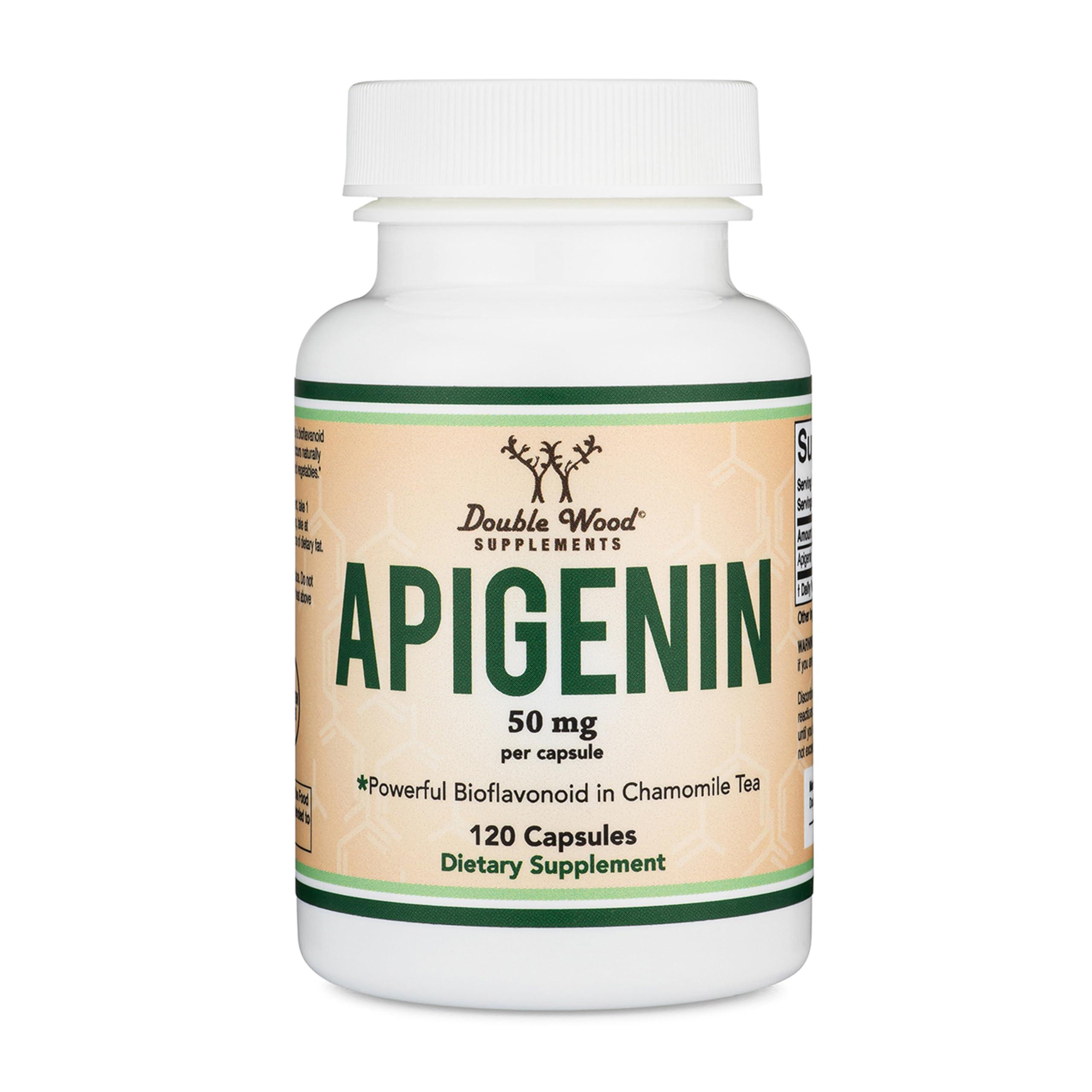 Double Wood Supplements Apigenin Supplement - 50mg per Capsule, 120 Count (Powerful Bioflavonoid Found in Chamomile Tea for Relaxation, Sleep, and Mood) Senolytic Flavonols for Aging (Gluten Free) by Double Wood