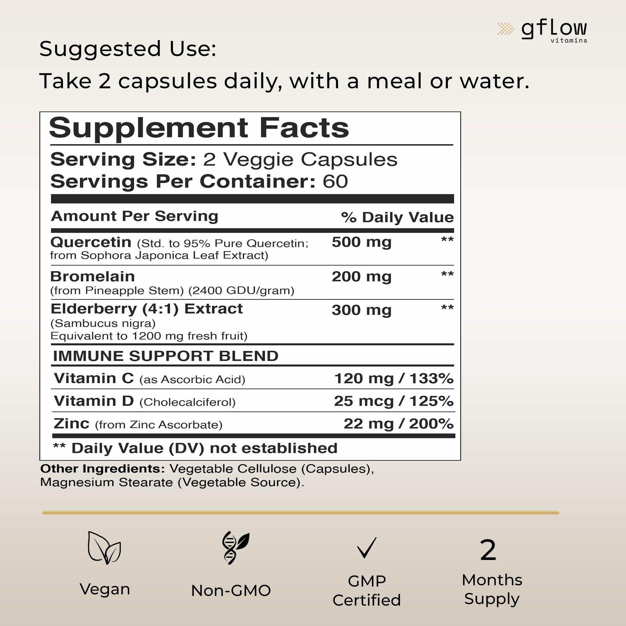 gflow vitamins Quercetin with Vitamin C and Zinc - Quercetin 500mg - Quercetin with Bromelain - Zinc Quercetin - 120 Veggie Caps - Elderberry with zinc and Vitamin c for Adults (Non-GMO, Vegan) 2 Months Supply