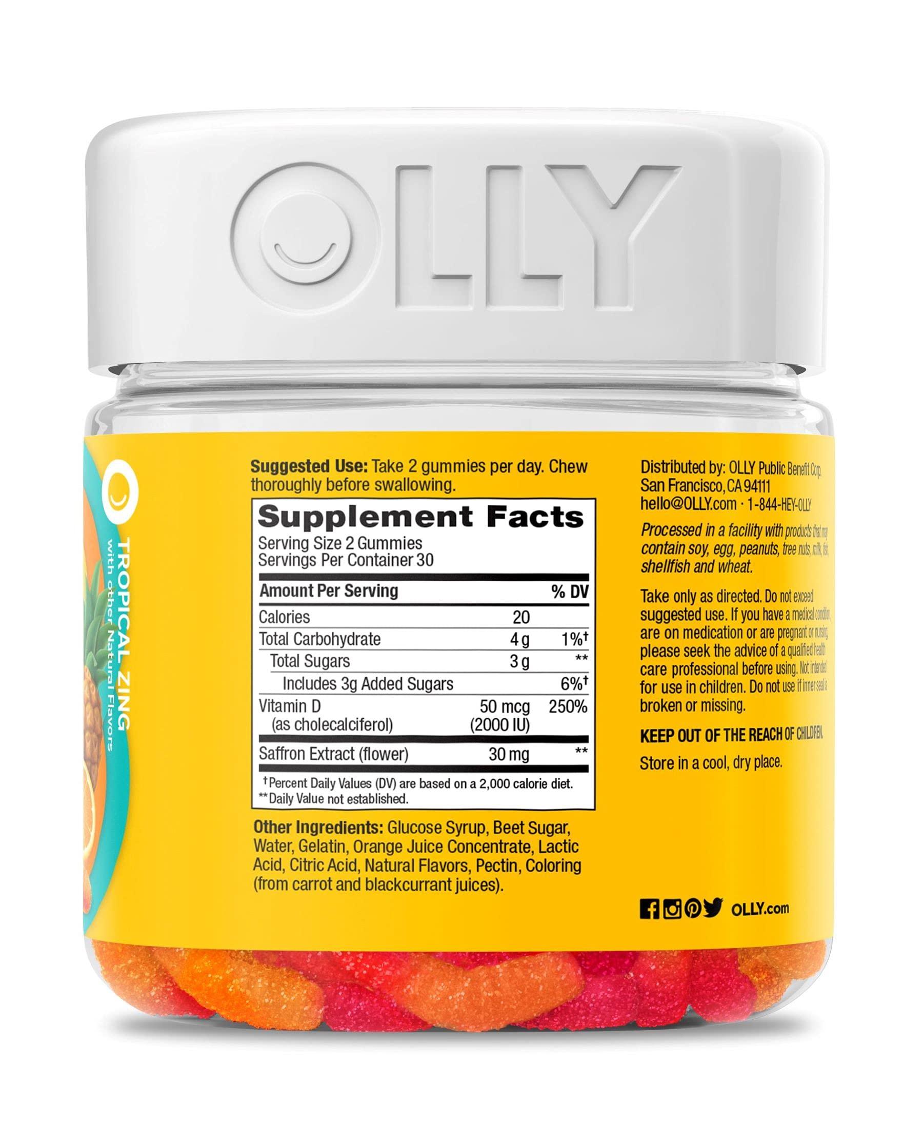 OLLY OLLY Hello Happy Gummy Worms, Mood Balance Support, Vitamin D, Saffron, Adult Chewable Supplement, Tropical Zing - 60 Count