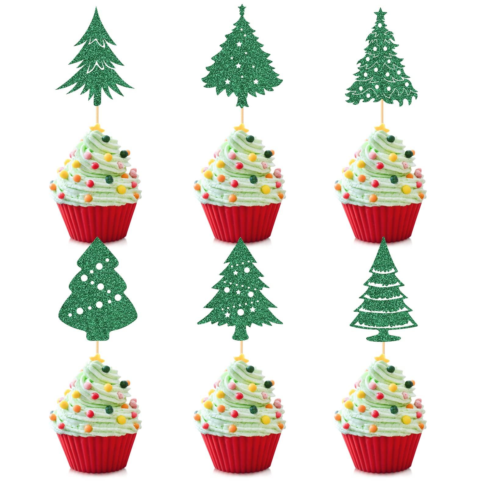 Hengmerry 36 Pieces Christmas Tree Cupcake Toppers Glitter Santa Tree Cake Topper Picks for Xmas Holiday New Year Birthday Party Decorations, 6 Designs