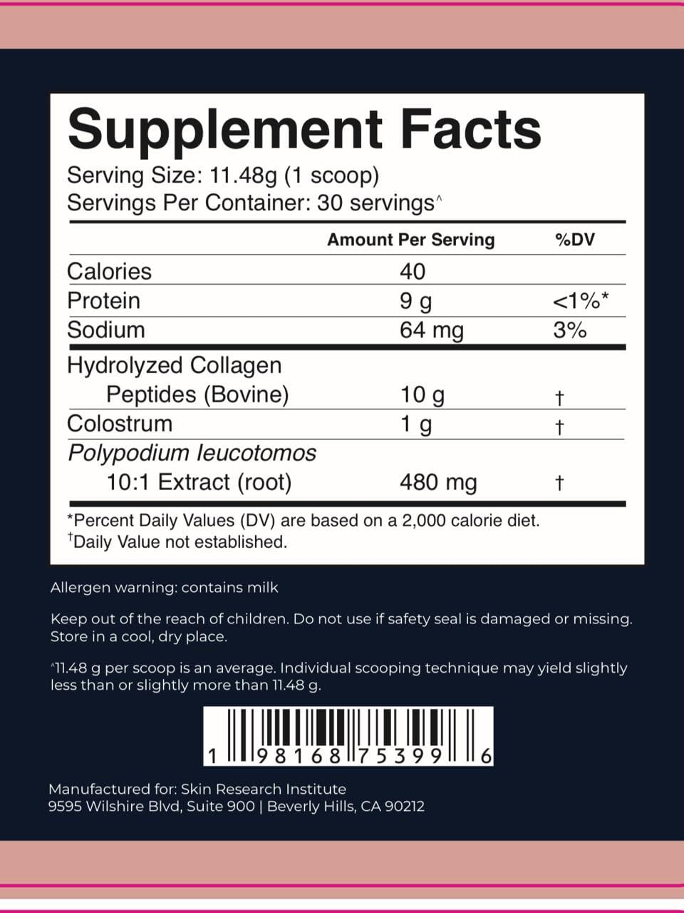 Skin Research Institute Skin Research Institute ColSilk Collagen Powder Supplement with Collagen, Colostrum, and Polypodium for Skin, Hair, Nails, and Joint Support  One Scoop per Serving  Unflavored (1 Month Supply)