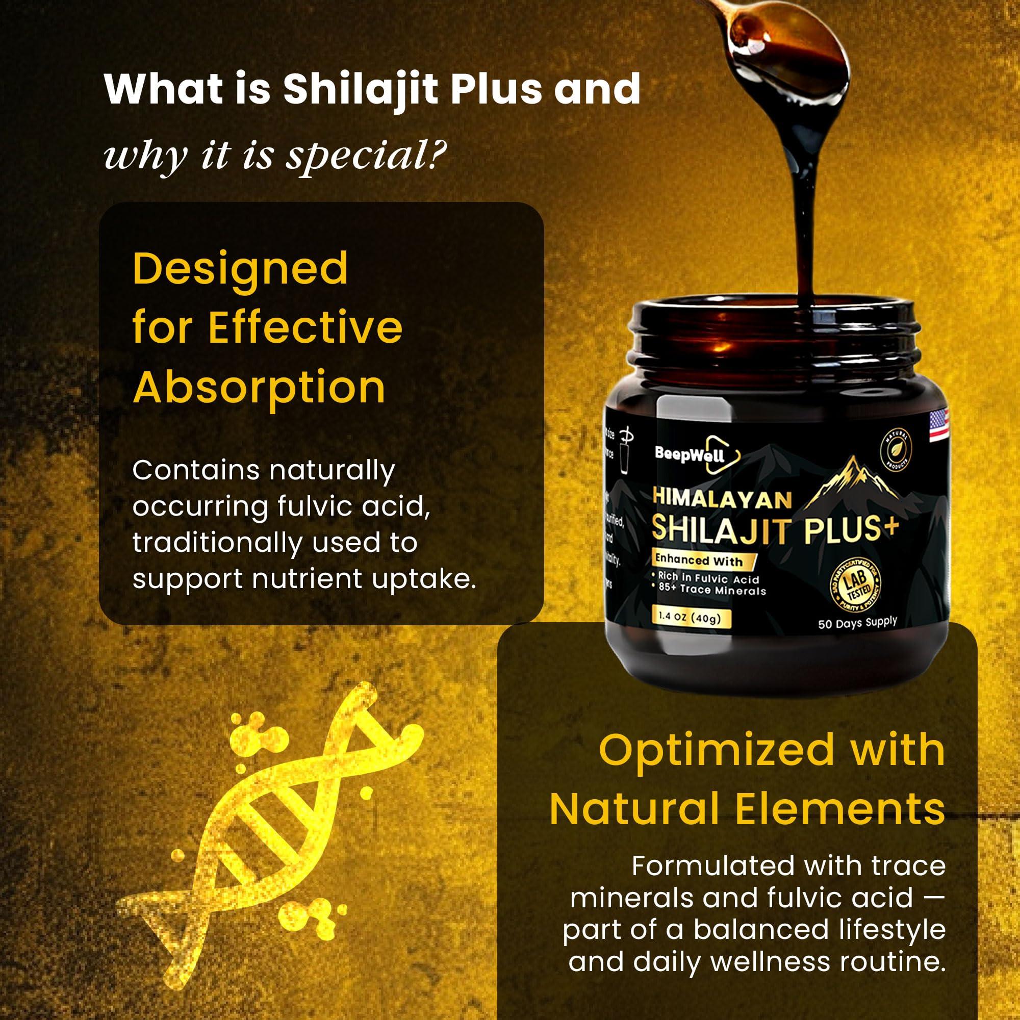 BeepWell BeepWell Shilajit Resin Himalayan Pure Natural Ashwagandha Maca Root Black Pepper Authentic Chilajil Men Women Gold Ayurvedic, 72% Fulvic Acid 85+ Trace Minerals, 50 Servings, 40 Grams