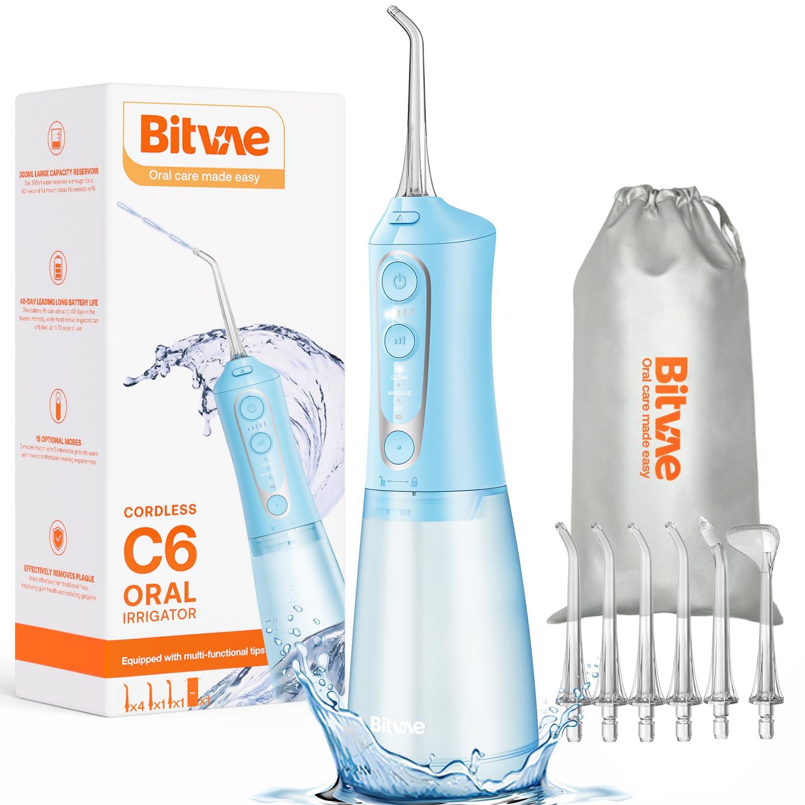Bitvae Bitvae Water Dental Flosser Teeth Pick, Cordless Flosser for Travel with 6 Jet Tips, 3 Modes 5 intensities, IPX7 Waterproof Portable & Rechargeable Oral Irrigator Cleaner, Sky Blue
