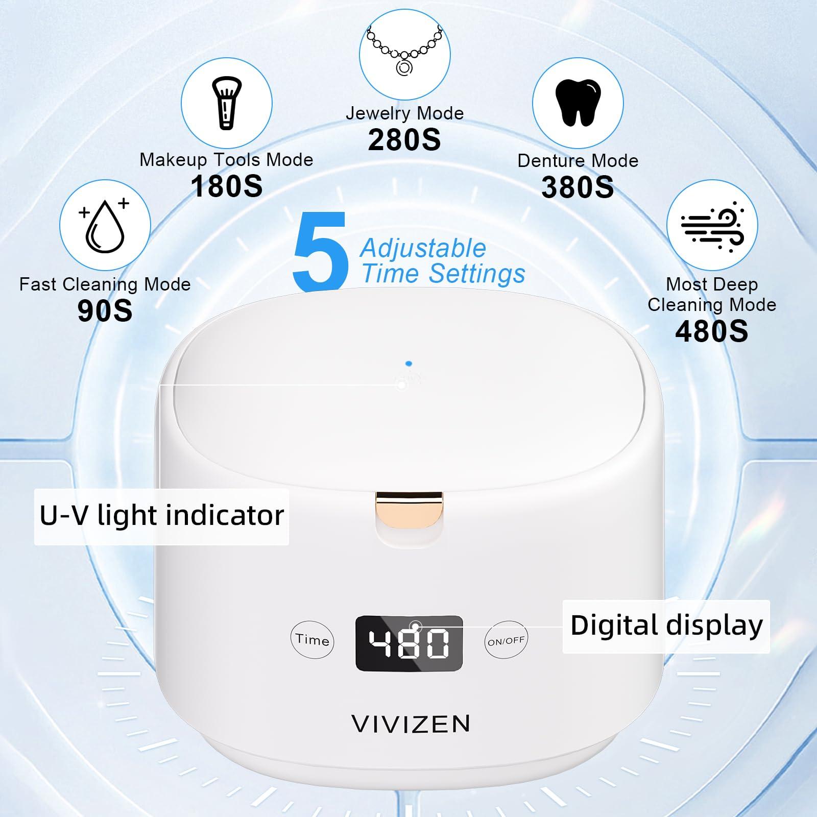 VIVIZEN Ultrasonic Retainer Cleaner, Sonic Dental Cleaning Pod, Portable 30W/45kHz Machine for Dentures, Aligners, Braces, Mouth Guards, Jewelry (White)