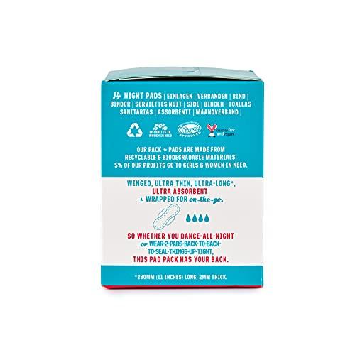 FLO FLO Organic Bamboo Period Pads for Women, Biodegradable, Winged, Feminine Care, Organic Menstrual Products, Plant-Based, Plastic-Free, Sanitary Napkins, Night Pads, Black-Owned, Compostable,14 Count