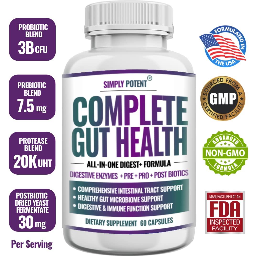 Simply Potent Complete Gut Health, Digestive Enzymes Plus Prebiotic, Probiotic & Post Biotic Gastrointestinal Support, Supports Gut Health & Immune Function, 60 Capsules