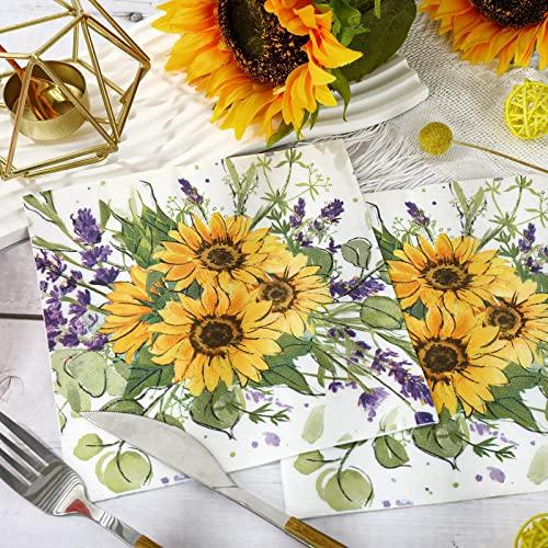 AnyDesign AnyDesign 100 Pack Sunflower Luncheon Napkins Disposable Spring Summer Flower Paper Decorative Napkins Floral Dessert Dinner Hand Napkin for Baby Shower Party Supplies Decoration, 6.5 x 6.5 In