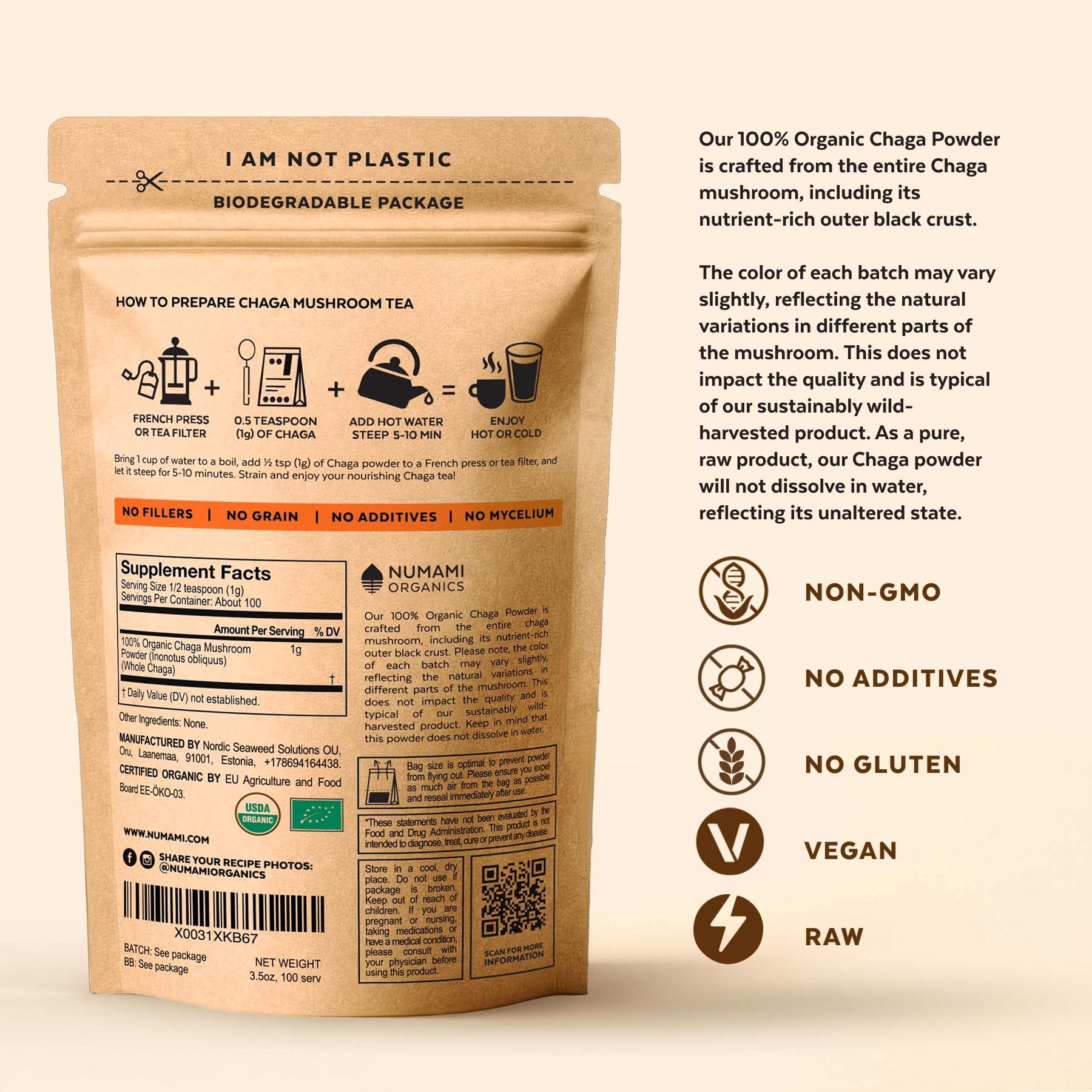 Numami Organic Chaga Mushrooms Powder - Fine Powder to Make Chaga Tea for Immune Defense and More Energy, Organic Chaga is Wild Grown and Sustainably Harvested in Europe, Certified USDA Organic, 100 servings