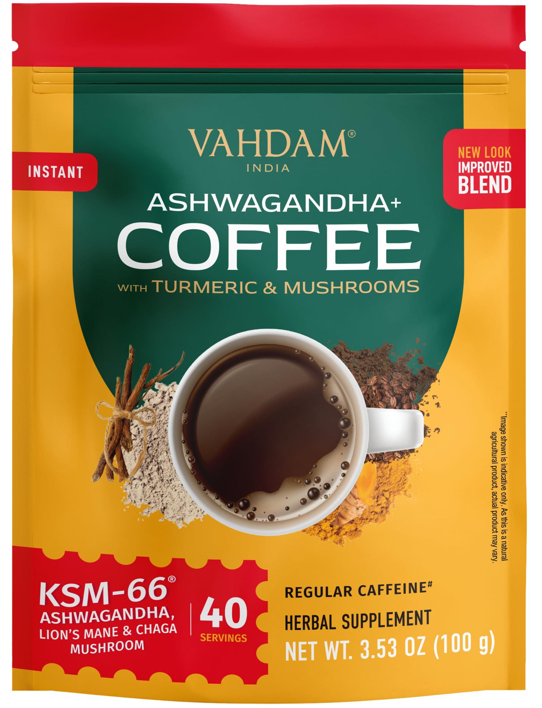 VAHDAM VAHDAM, Instant Mushroom Coffee with KSM 66 Ashwagandha (250mg, 40 servings), Turmeric, Lion\'s Mane and Chaga Mushroom | 100% Arabica Coffee | Supports Better Focus and Immunity | Enjoy Hot or Iced