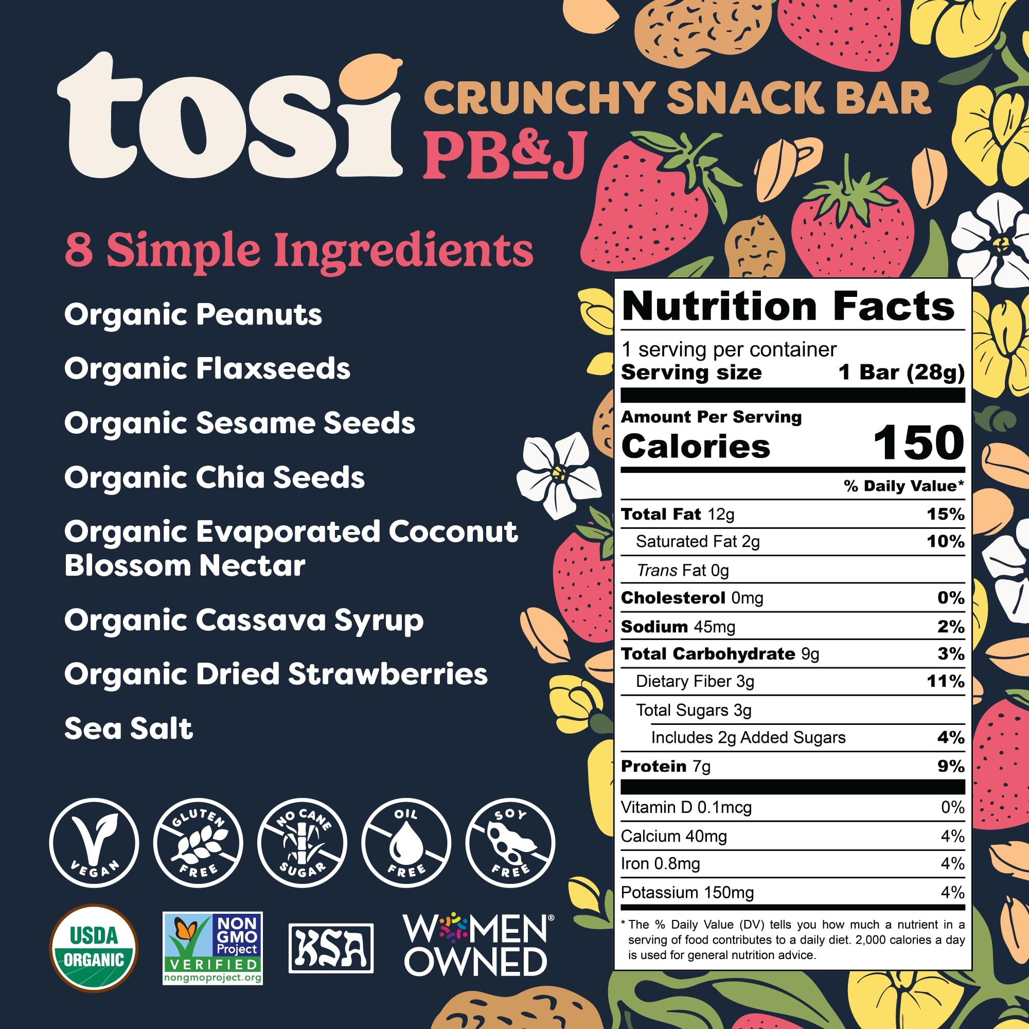 Tosi Tosi Peanut Butter & Jelly Protein Bars, Plant Based with Nuts, Gluten-Free Crunchy Snacks, Vegan, Organic, Flax & Chia Seeds, Soy-Free, Omega 3s, 7G Protein, 1 oz, 12-Pack