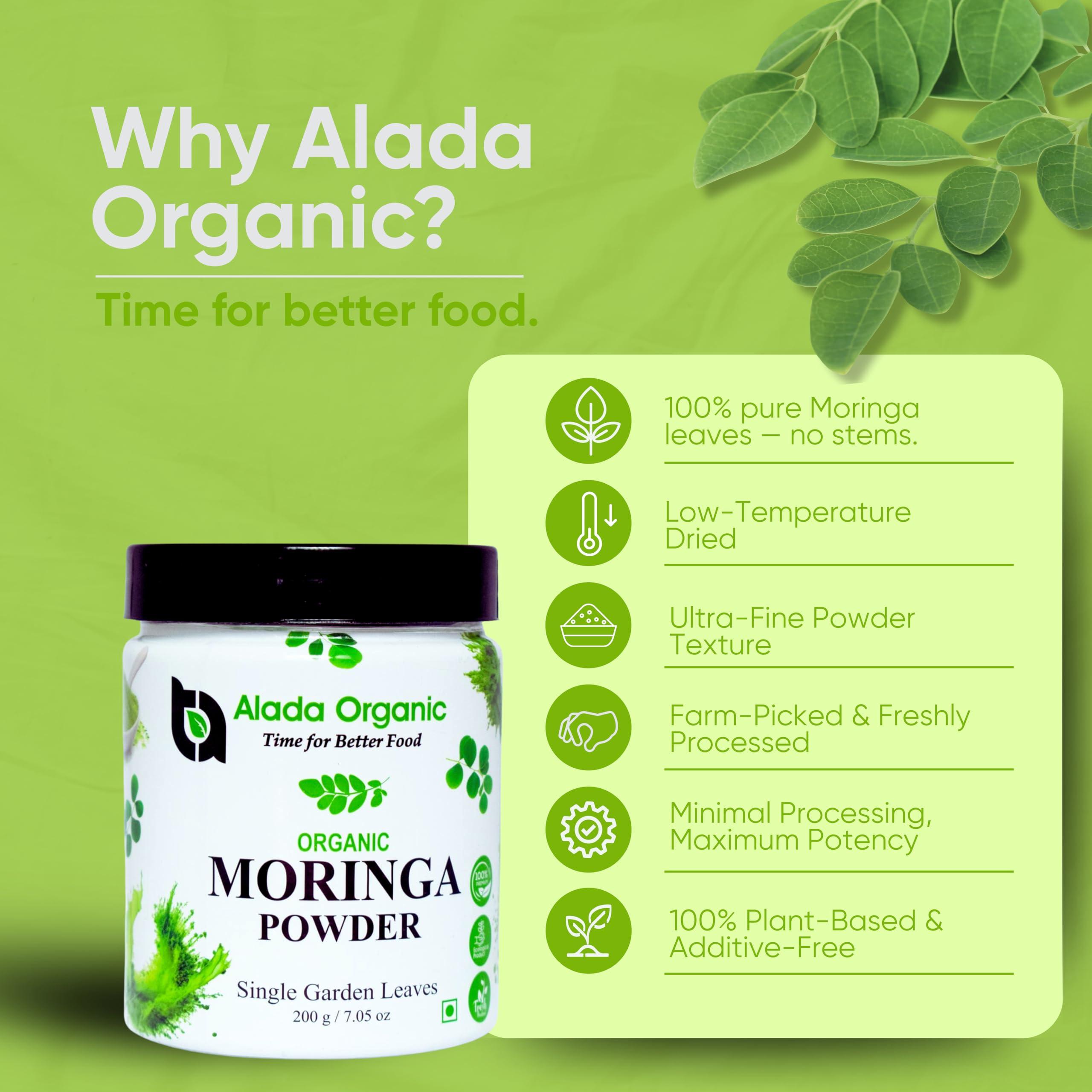 ALADA ORGANIC ALADA ORGANIC Moringa - Moringa Powder Single Garden Premium 100% Leaf Powder India Organic Certified, Moringa Oleifera - Smoothies, Drinks, Tea & Recipes -7.05 OZ