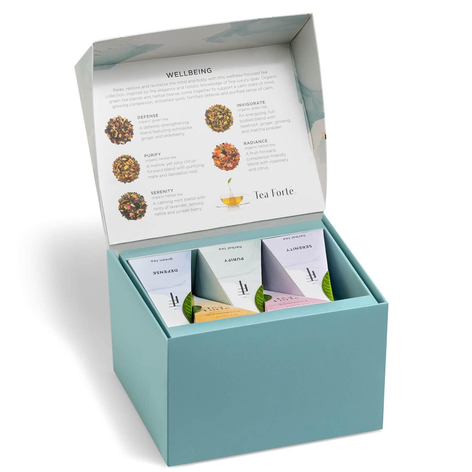 Tea Forte Tea Forte Wellbeing Gift Set, Tea Gift Box w Cafe Tea Cup, Tea Tray & Sampler of 10 Tea Pyramid Infusers