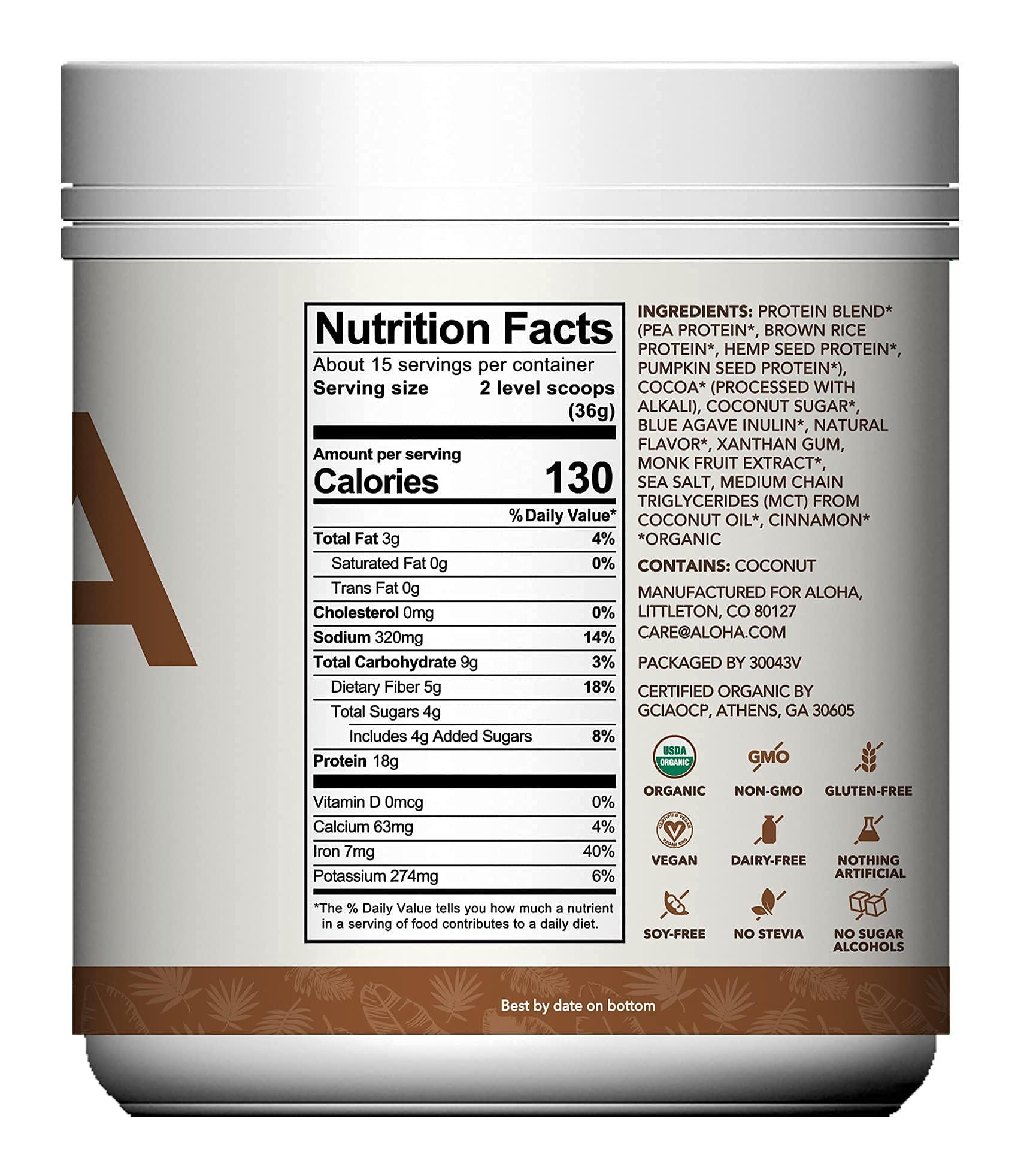 ALOHA ALOHA Organic Plant Based Protein Powder, Stevia Free, Chocolate, 19.6 oz, 15 Servings