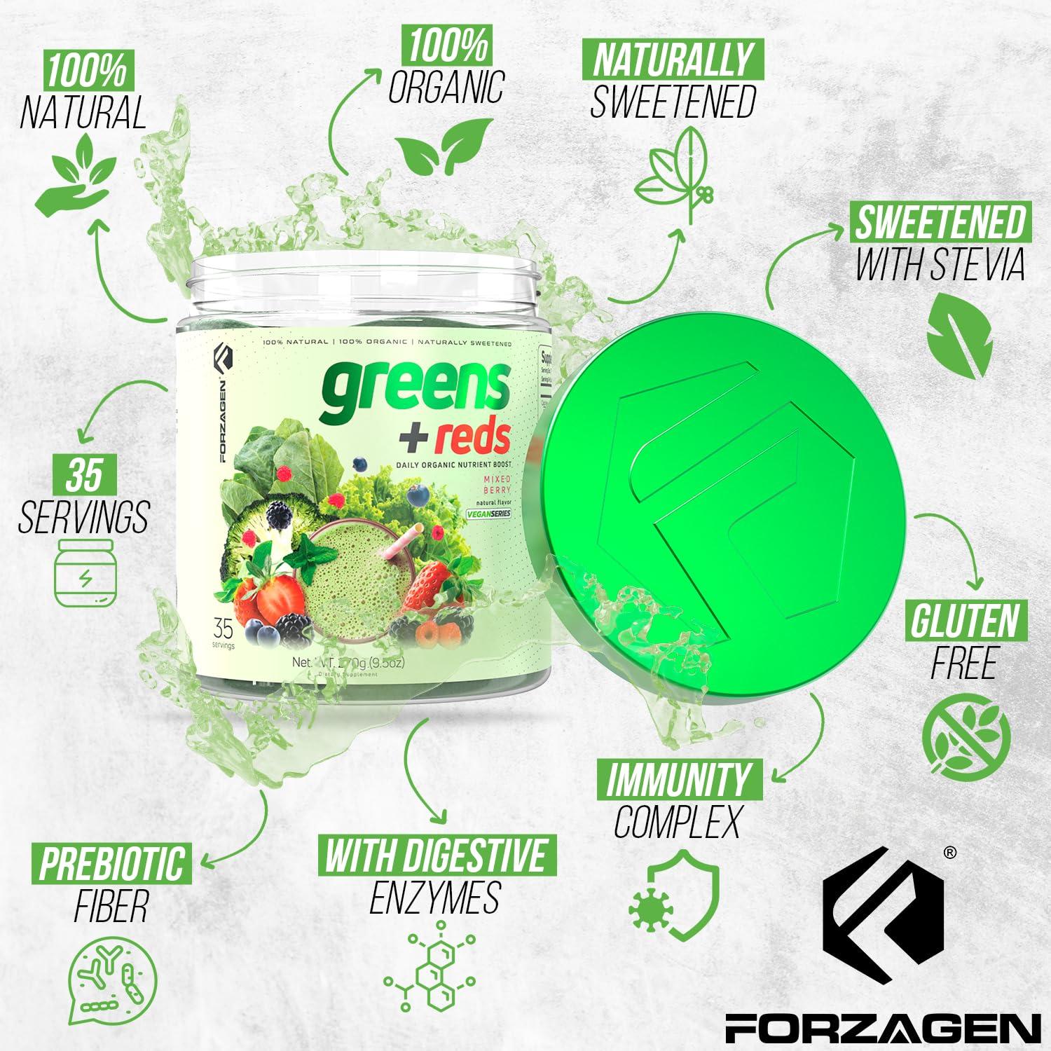 Forzagen FORZAGEN Vegan Greens & Reds Superfood Powder - Organic Super Greens Powder | Premium Veggie Powder Supplement | 35 Servings Reds and Greens Superfood Powder