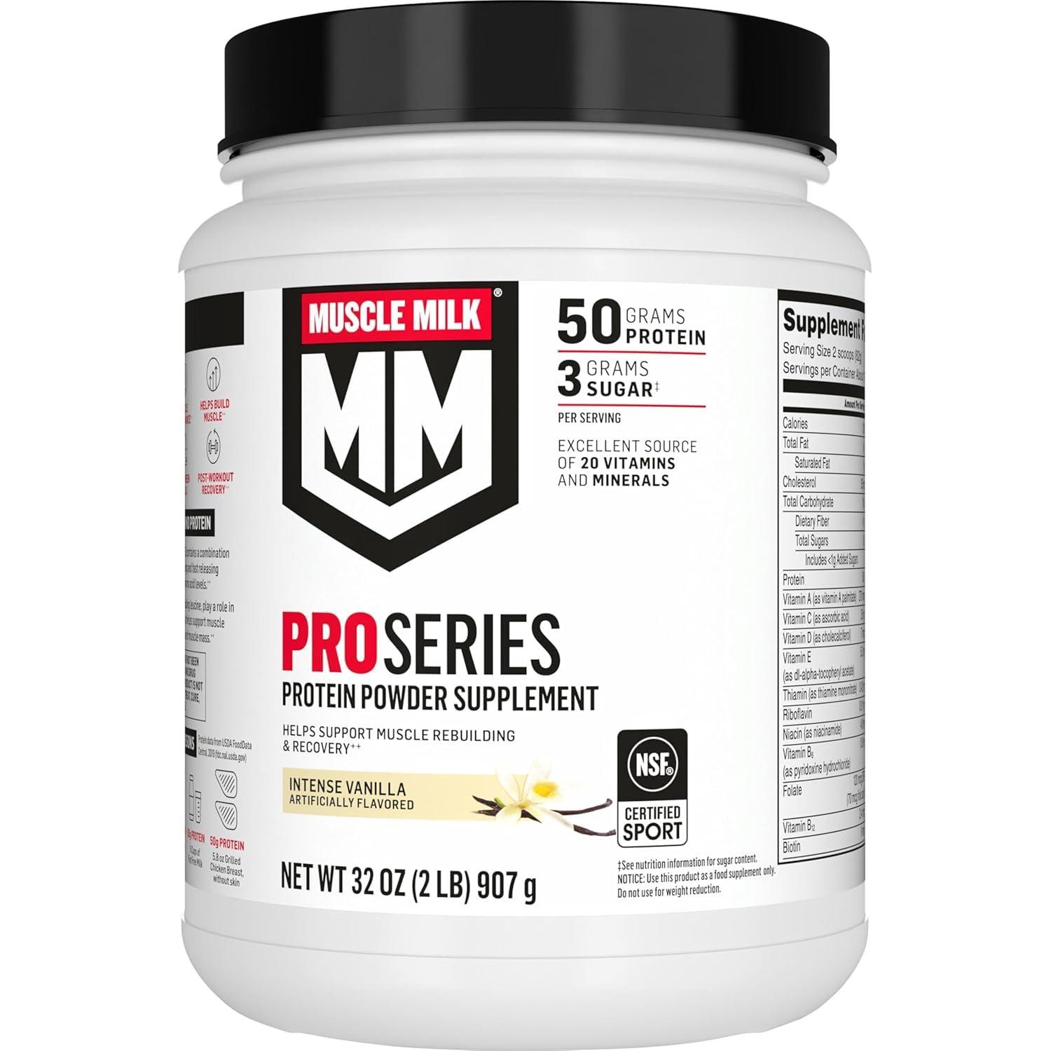 Muscle Milk Muscle Milk Pro Series Protein Powder Supplement, Intense Vanilla, 2 Pound, 11 Servings, 50g Protein, 3g Sugar, 20 Vitamins & Minerals, NSF Certified for Sport, Workout Recovery, Packaging May Vary