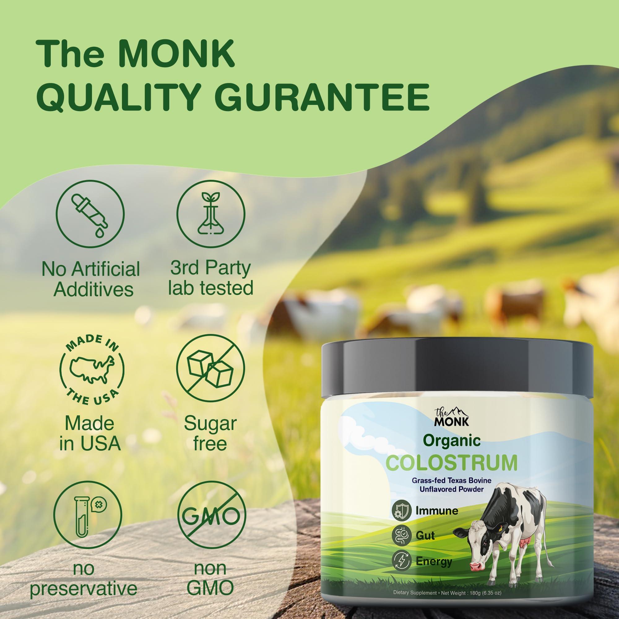 THE MONK Colostrum Supplement - Grass Fed Texas Bovine Whole Colostrum Powder for Immune, Gut & Wellness - Ultimate Ig Superfood - Unflavored - 100% Pure - 6.35 Oz - 90 Servings (Best Value) - Made in The USA