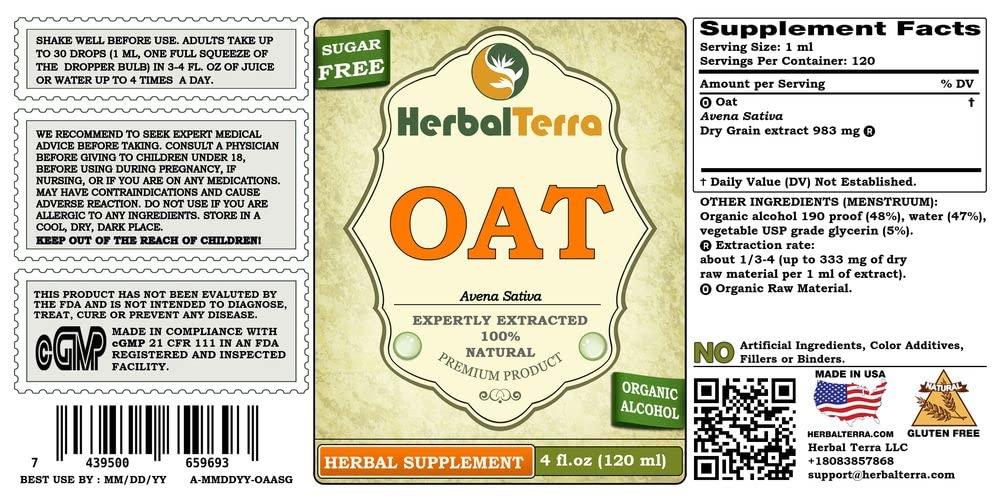 Herbal Terra LLC Oat (Avena Sativa) Tincture, Organic Dried Grains Liquid Extract (Brand name: HerbalTerra, Proudly made in USA) 2x4 fl.oz (2x120 ml)