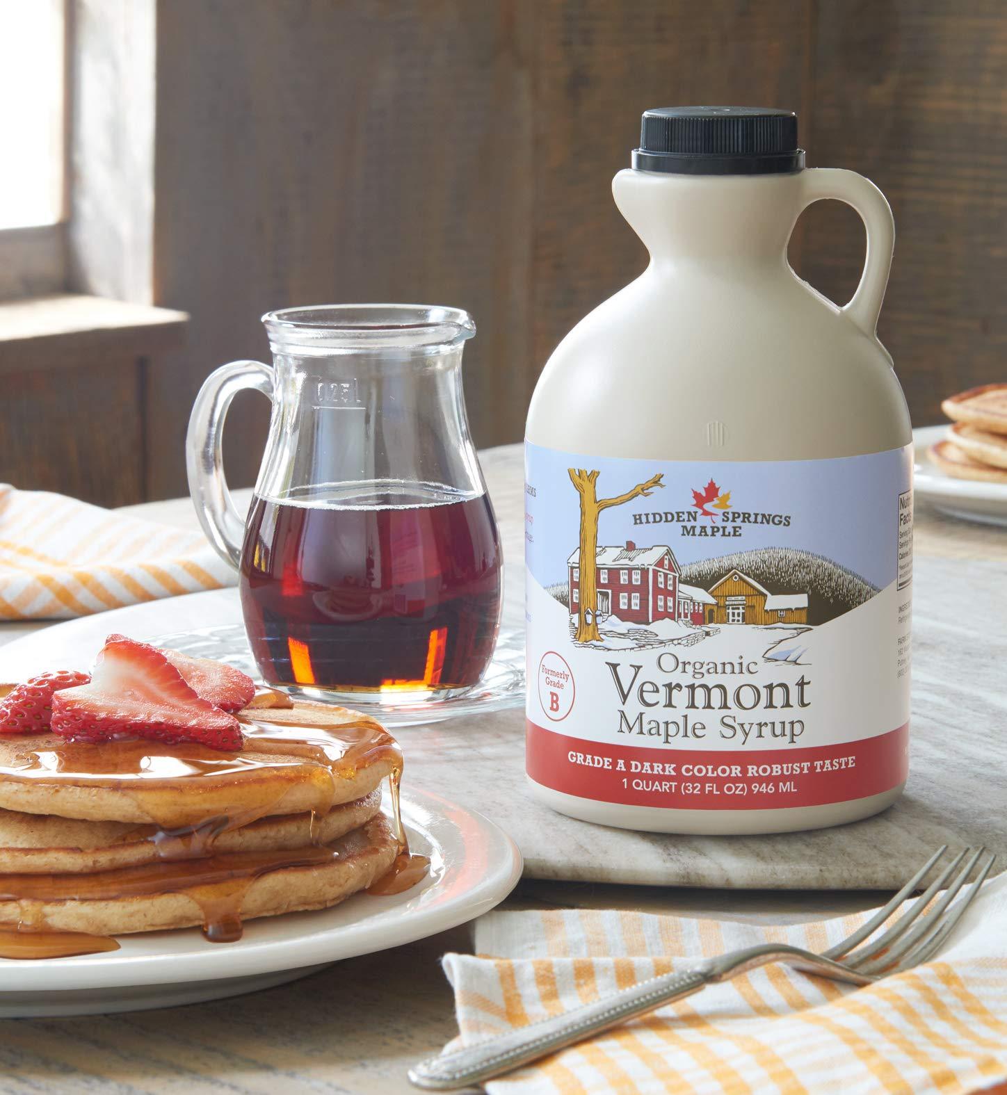 HIDDEN SPRINGS MAPLE Hidden Springs Maple Organic Vermont Maple Syrup, Grade A Dark Robust (Formerly Grade B), 32 Ounce, 1 Quart, Family Farms, BPA-free Jug