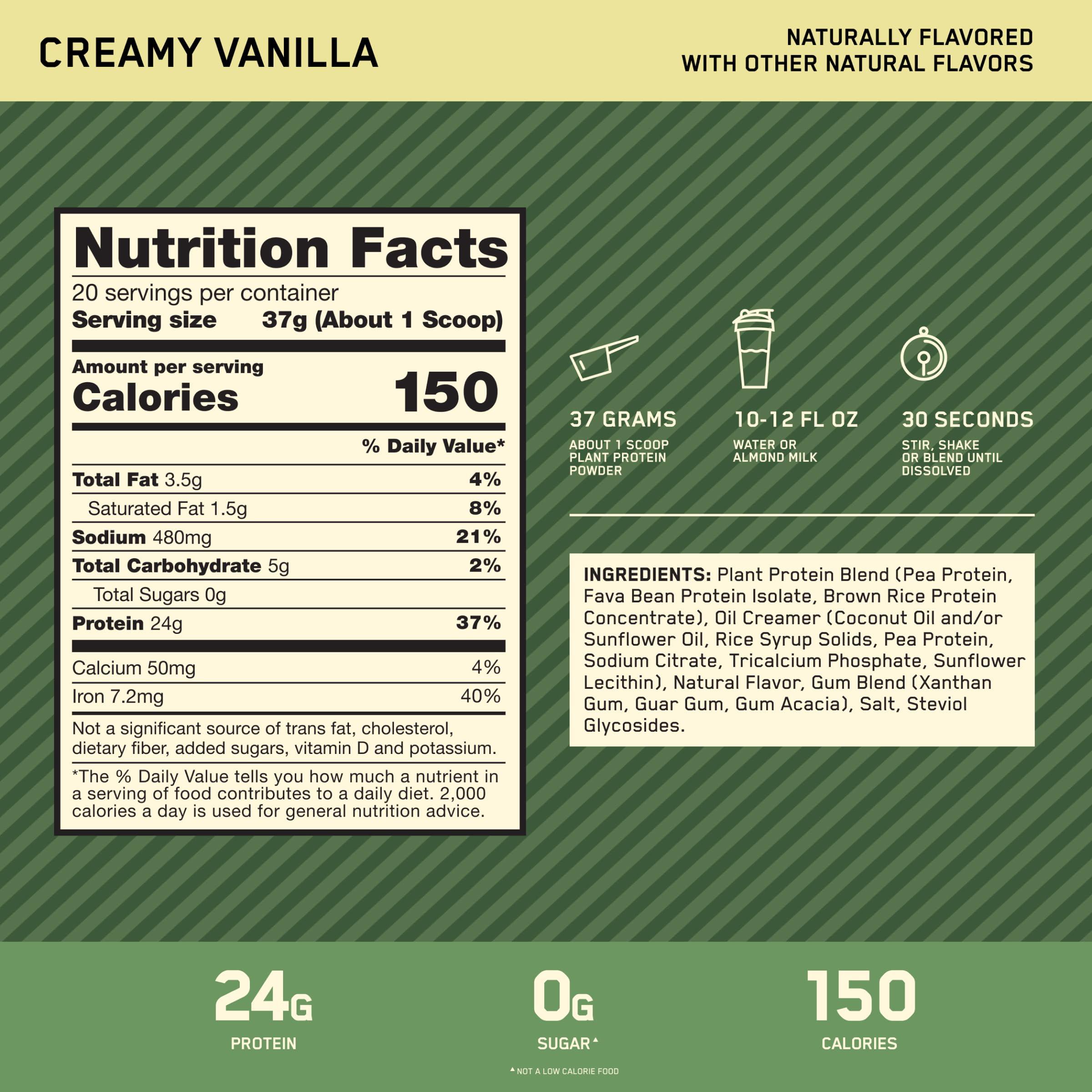 Optimum Nutrition Optimum Nutrition Gold Standard 100% Plant Based Protein Powder, Gluten Free, Vegan Protein for Muscle Support and Recovery with Amino Acids - Creamy Vanilla, 20 Servings (Packaging May Vary)