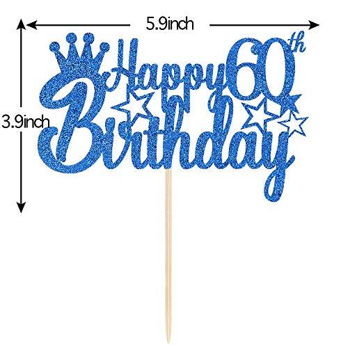 MonMon & Craft Blue Glitter Happy 60th Birthday Cake Topper for Cheers to 60 Years/Queen Men Birthday 60 Years Blessed Anniversary Retirement Party Decorations Supplies - High Grade Color