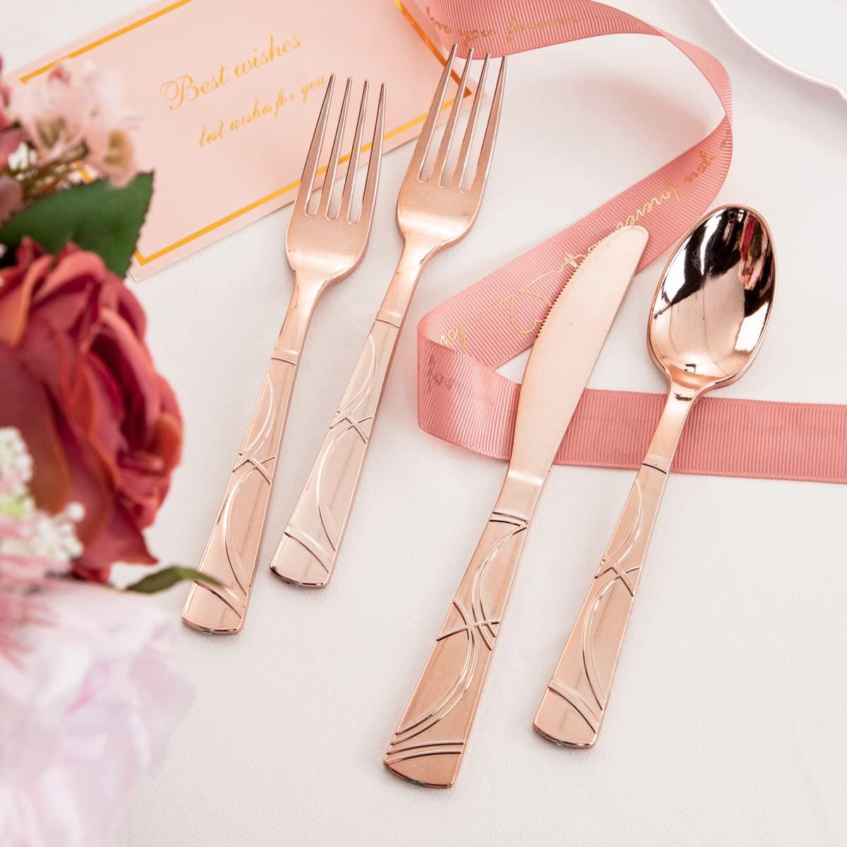 WELLIFE WELLIFE 350 PCS Rose Gold Square Plastic Plates, Disposable Rose Gold Dinnerware, Includes: 50 Dinner Plates10.25, 50 Dessert Plates7.5, 50 Cups 9 OZ, 50 Pre Rolled Napkins with Cutlery