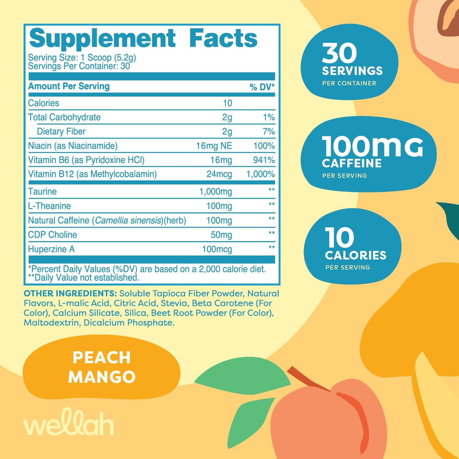 Wellah Wellah Perfect Pick-Me-Up (Peach Mango) 30 Servings - Energy Boost Drink Mix