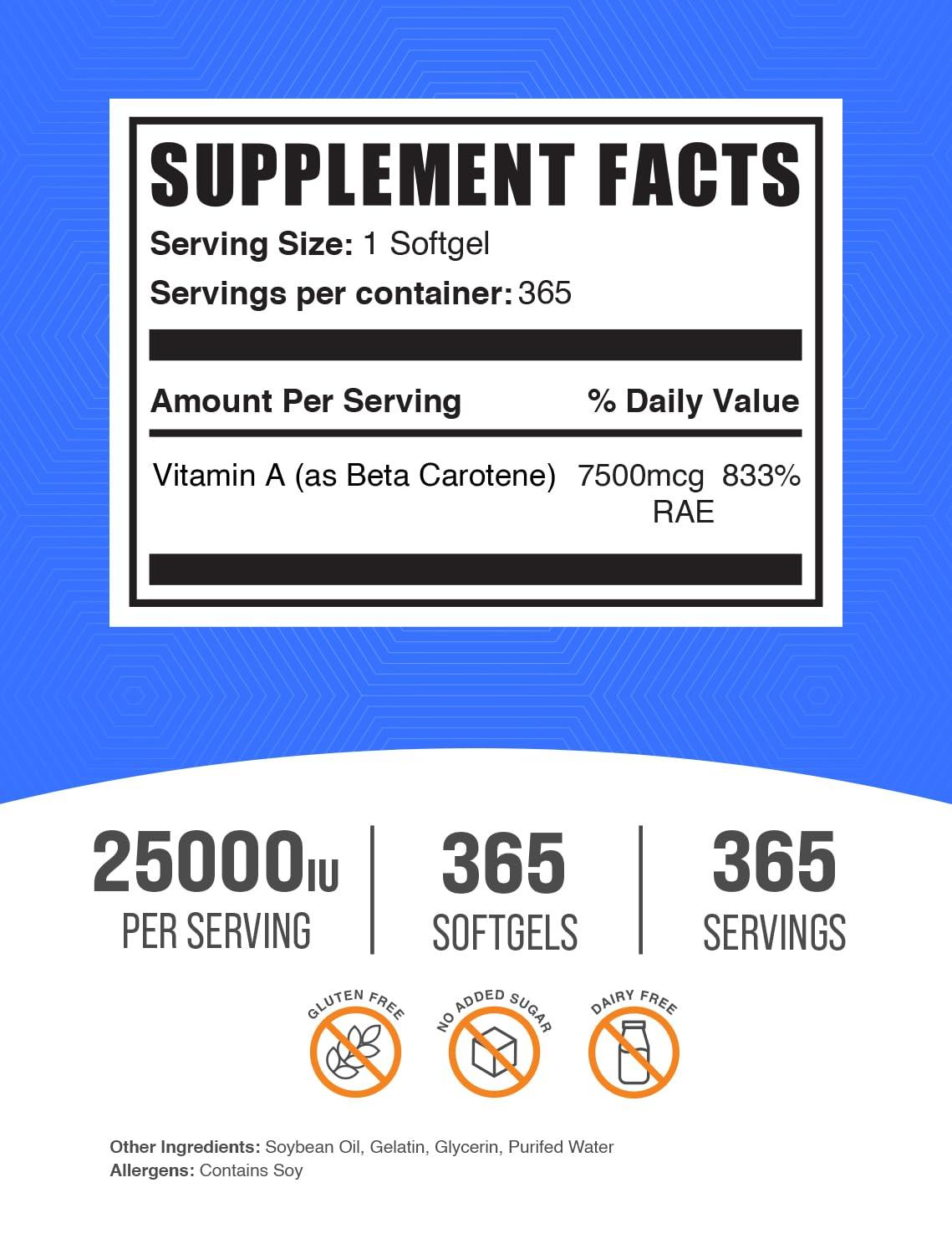 BulkSupplements BulkSupplements.com Beta Carotene 25000 IU Softgels - Vitamin A Supplement, Beta Carotene Supplements - for Eye Support, Gluten Free, 1 Softgel per Serving, 365 Count (Pack of 1)