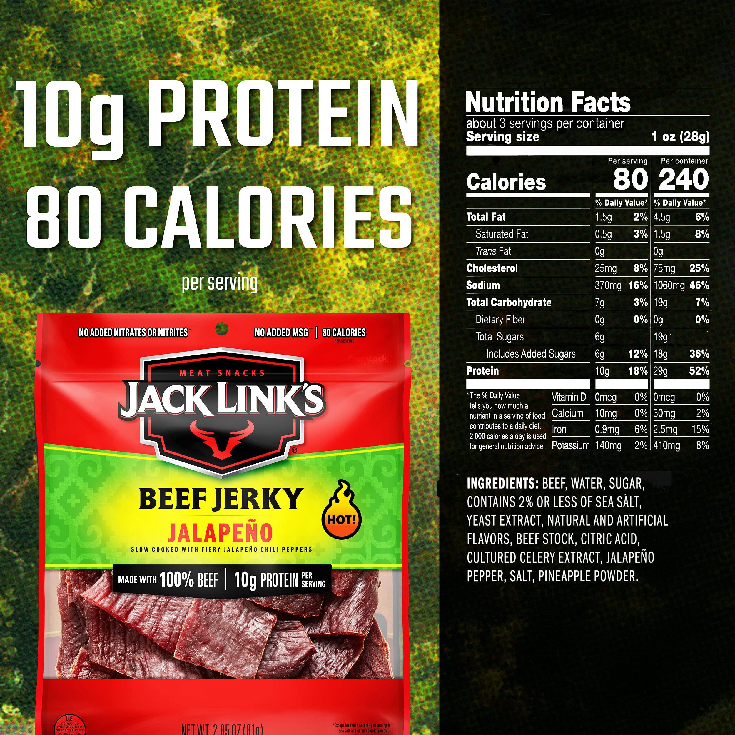 Jack Link's Jack Links Beef Jerky, Jalapeno Carne Seca, 2.85 oz.  Flavorful Meat Snack, 10g of Protein and 80 Calories, Made with Premium Beef - 96 Percent Fat Free