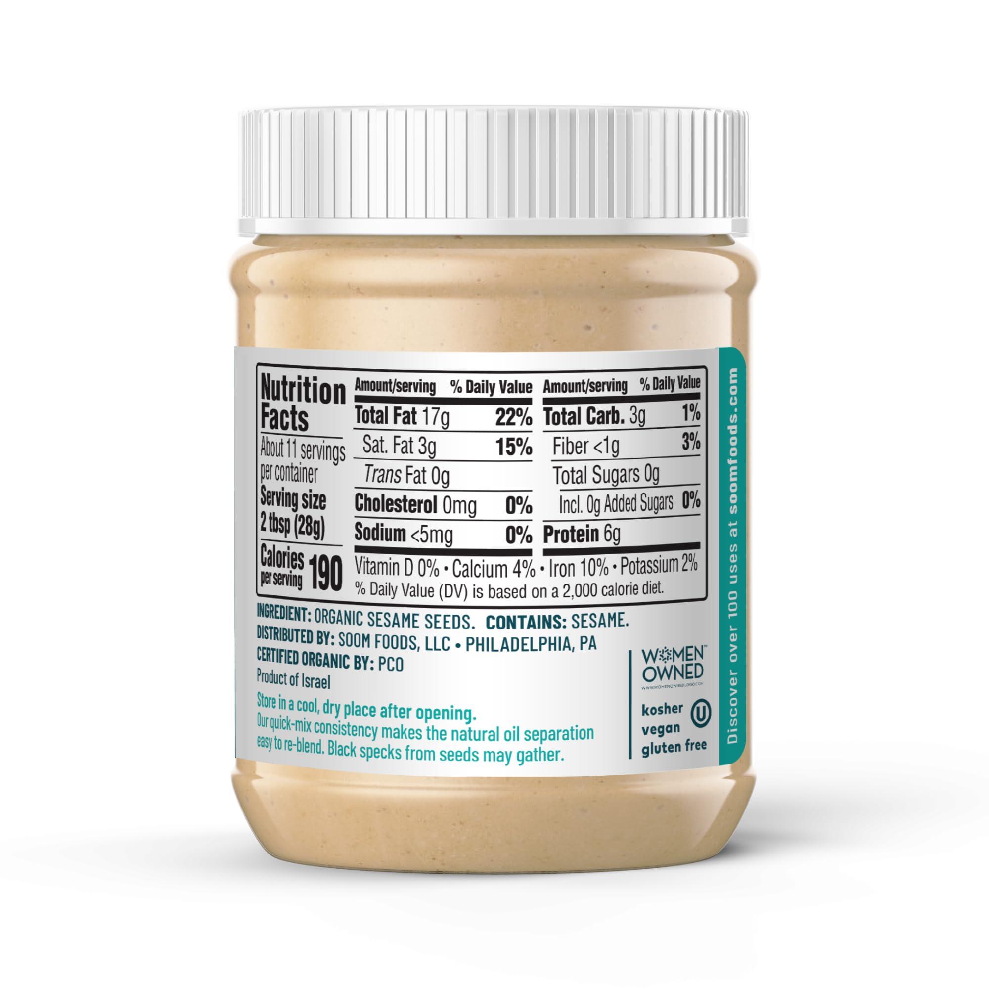 Soom Soom Foods Organic Tahini 11oz (2 Pack) | Roasted & Ground Sesame Seed Paste | Creamy Texture for Hummus, Sauces, Dips, Dressings | Vegan, Peanut-Free, Nut-Free, Gluten-Free, Dairy-Free, Keto, Paleo, Kosher | All-Natural