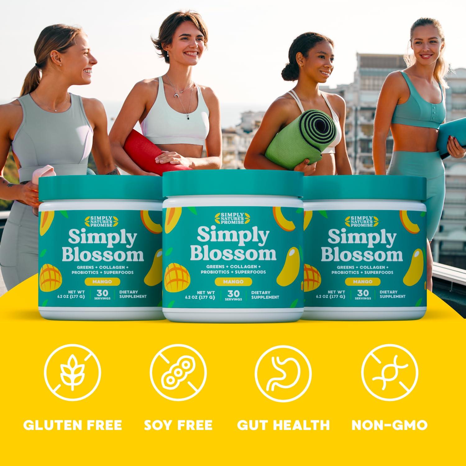 Simply Nature's Promise Simply Blossom Nutrition Daily Greens & Superfood Powder + Collagen + Probiotics for Women's Digestive Health & Bloating Relief. Help Your Health Bloom - 30 Day Supply - Mango