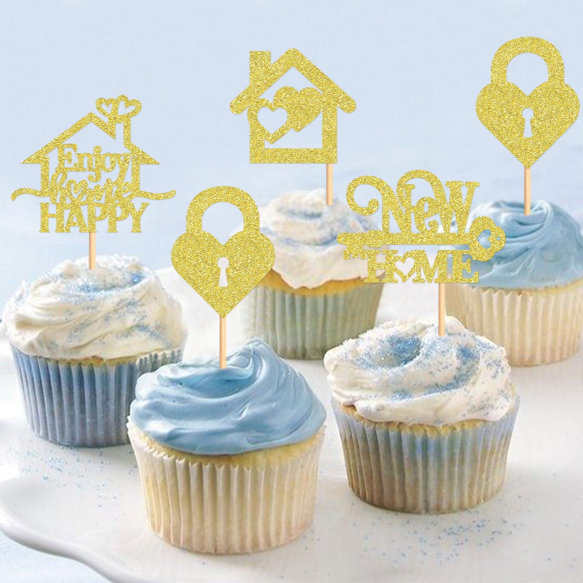 24 Pcs Sweet Home Cupcake Toppers - Golden Glitter Housewarming Party Decorations