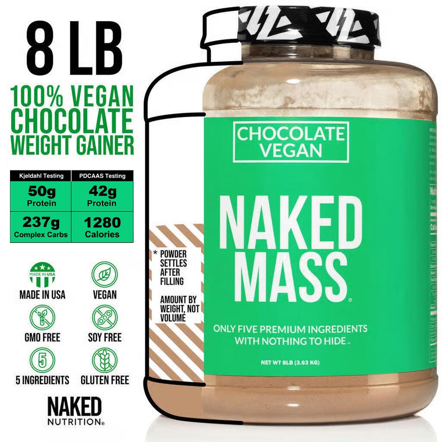 NAKED nutrition NAKED Mass - Chocolate Vegan Weight Gainer - 8Lb Bulk, GMO Free, Gluten Free, Soy Free & Dairy Free. No Artificial Ingredients - 1,280 Calories - 11 Servings