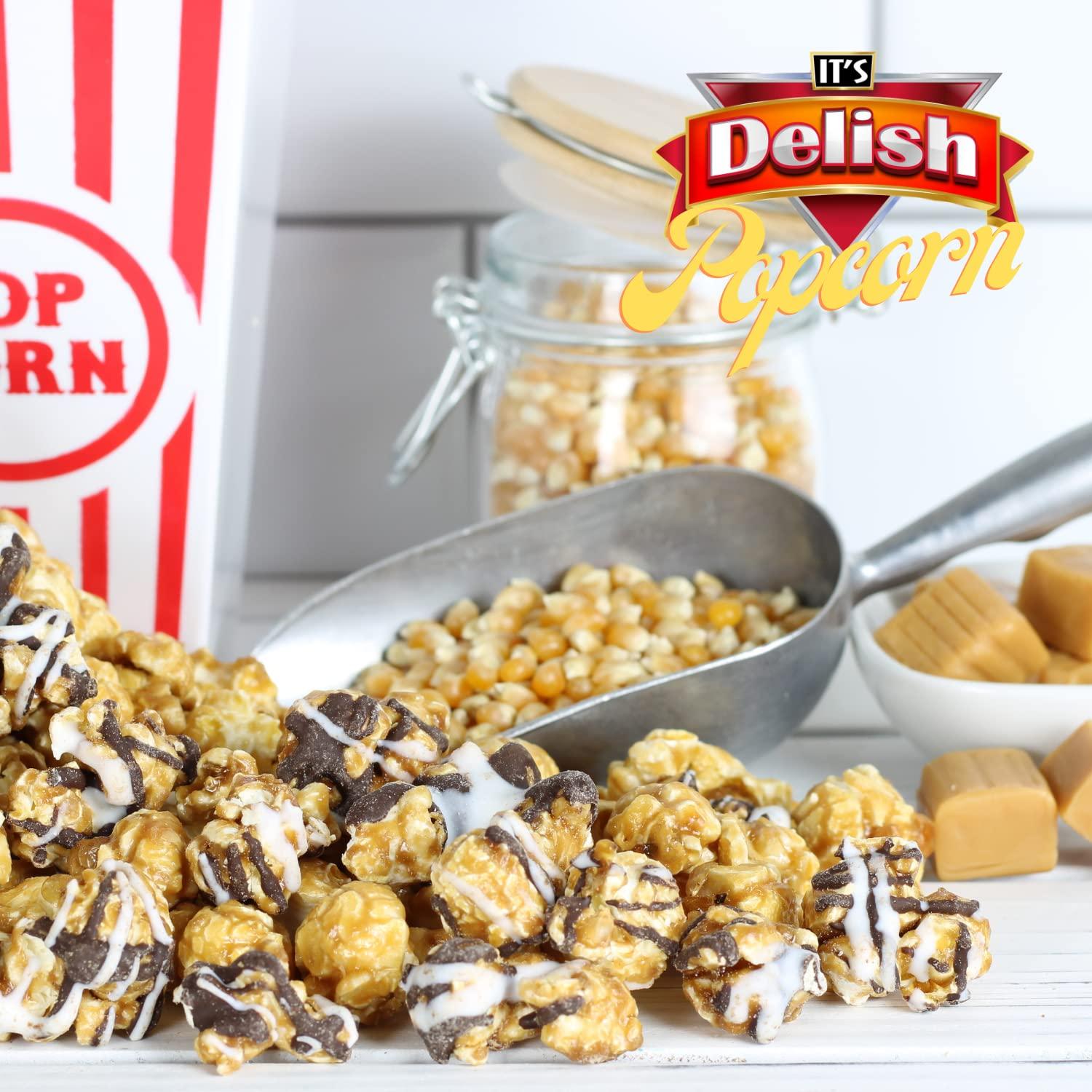 It's Delish Gourmet Chocolate Zigzag Popcorn by Its Delish, 2 lbs Bulk Bag – Festive Caramel Air Popped Sweet Crunchy White & Dark Drizzle Glazed Carmel Corn Snack, Parties - Gluten Free, Vegan, Kosher