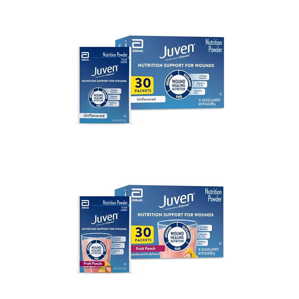 Juven Juven Therapeutic Nutrition Drink Mix Powder for Wound Healing, includes Collagen Protein, Unflavored 30 Count and Fruit Punch 30 Count