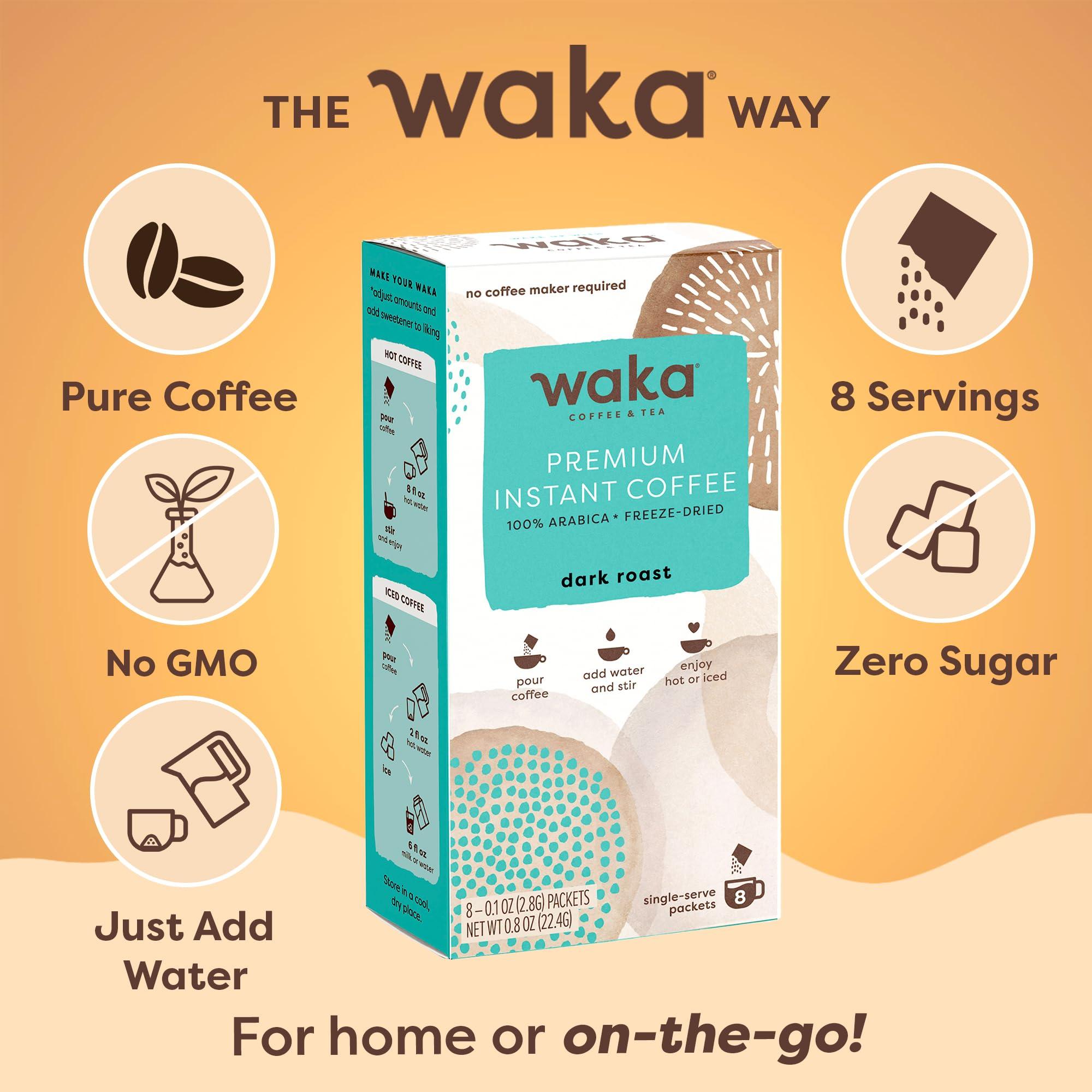 Waka Coffee Waka Instant Coffee, Dark Roast - 100% Arabica Beans, Freeze Dried Granules, No Additives - Single Serve Packets for Quick Hot and Iced Coffees (8 Individual Coffee Packets)