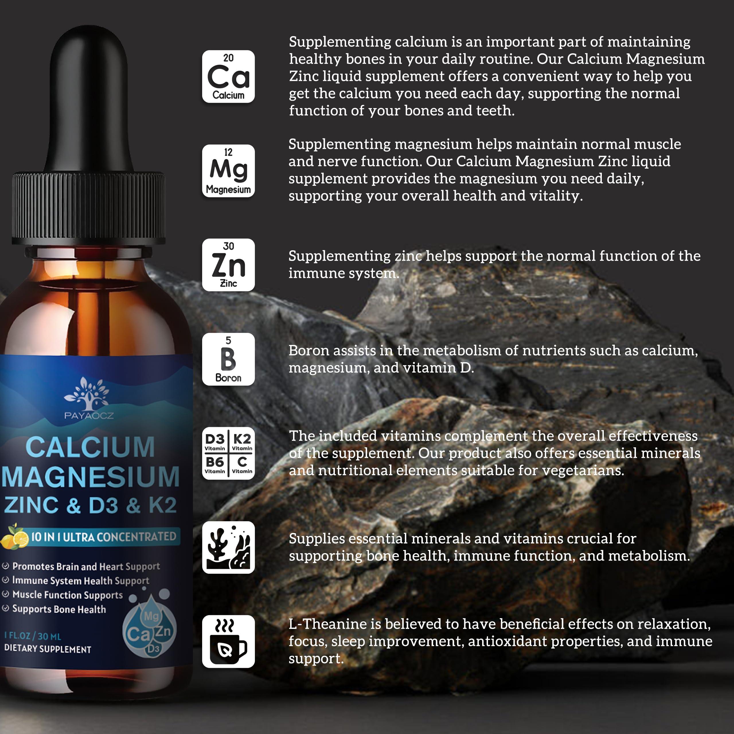PAYAOCZ (4 Pack) 10 in 1 Calcium Magnesium Zinc Supplement, Magnesium Glycinate Complex Liquid Drops with Vitamin D3 K2 B6, Vegan Calcium Citrate Bone & Immune Health Support, Sleep & Cramps, Boron, 1 Fl Oz