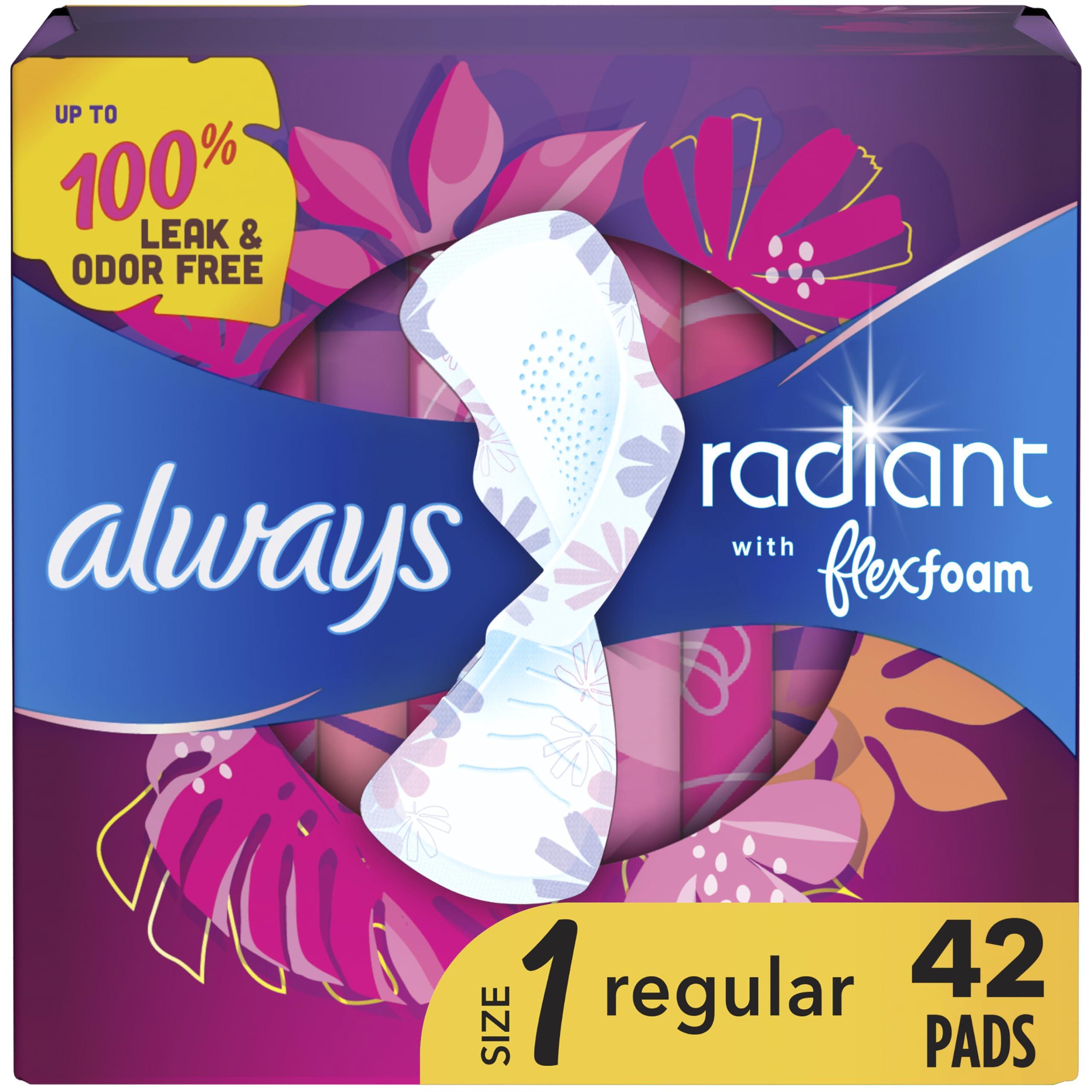 Always Always Radiant Feminine Pads for Women, Size 1 Regular, with Wings, Scented, 42 CT