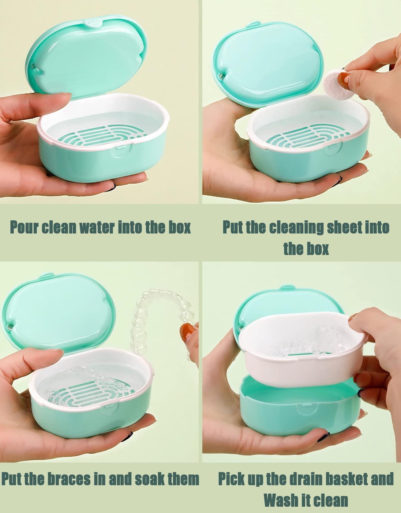 MURRI&MURRDI MURRI&MURRDI Retainer Case, Denture Bath Box with Strainer Basket, Mouth Guard Case, Braces Cleaner Cup, Cute Denture Holder Storage Soak Container for Travel Cleaning (D Green)