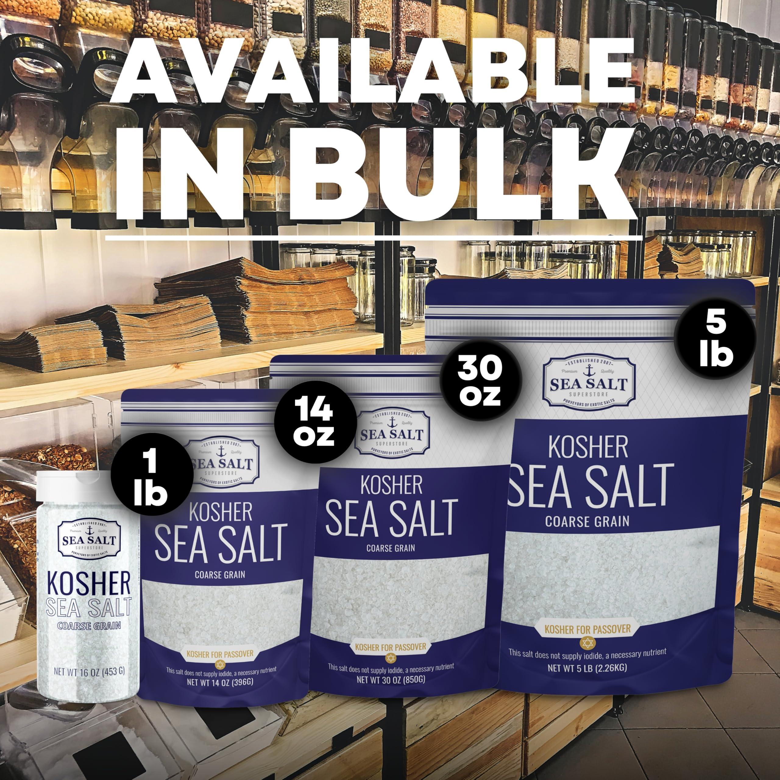 Sea Salt Superstore Kosher Sea Salt, Coarse Grain Kosher Salt, Coarse Salt Replacement for Table Salt, Non-Iodized & Natural Coarse Sea Salt for Grinder, 14 oz Bag, Sea Salt Superstore