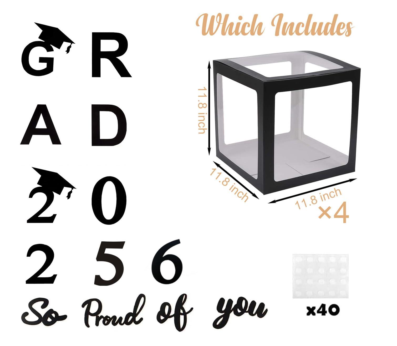 JUICYRAUL 2025 2026 Graduation Party Decorations Graduate Balloon Boxes, 4 Pieces Black Balloon Boxes with Letters of GRAD, 2025 2026 for Graduation Party Supplies, Class of 2026 School Grad Party Supplies