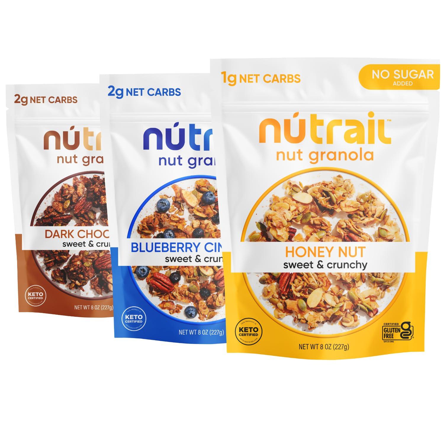 NuTrail NuTrail Nut Granola Cereal, Variety Pack, No Sugar Added, Keto, Low Carb, Gluten Free, Grain Free, Healthy Breakfast 8 oz. 3 Count