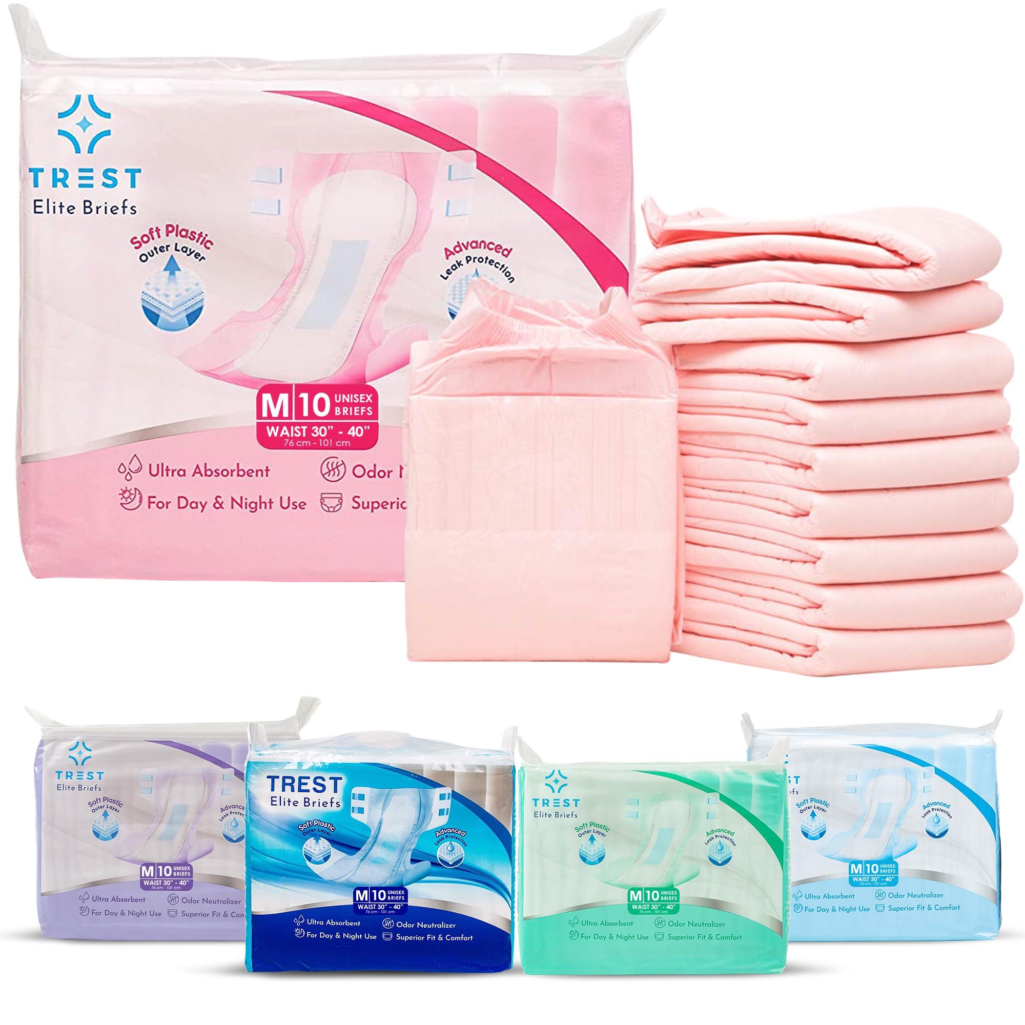 Trest TREST Elite Briefs for Men and Women, Overnight Diapers for Incontinence, Elite Absorbency, Comfortable, Odor Neutralizing and Secure Fit with 2 Wide Tabs - Pink, Medium (Pack of 10)