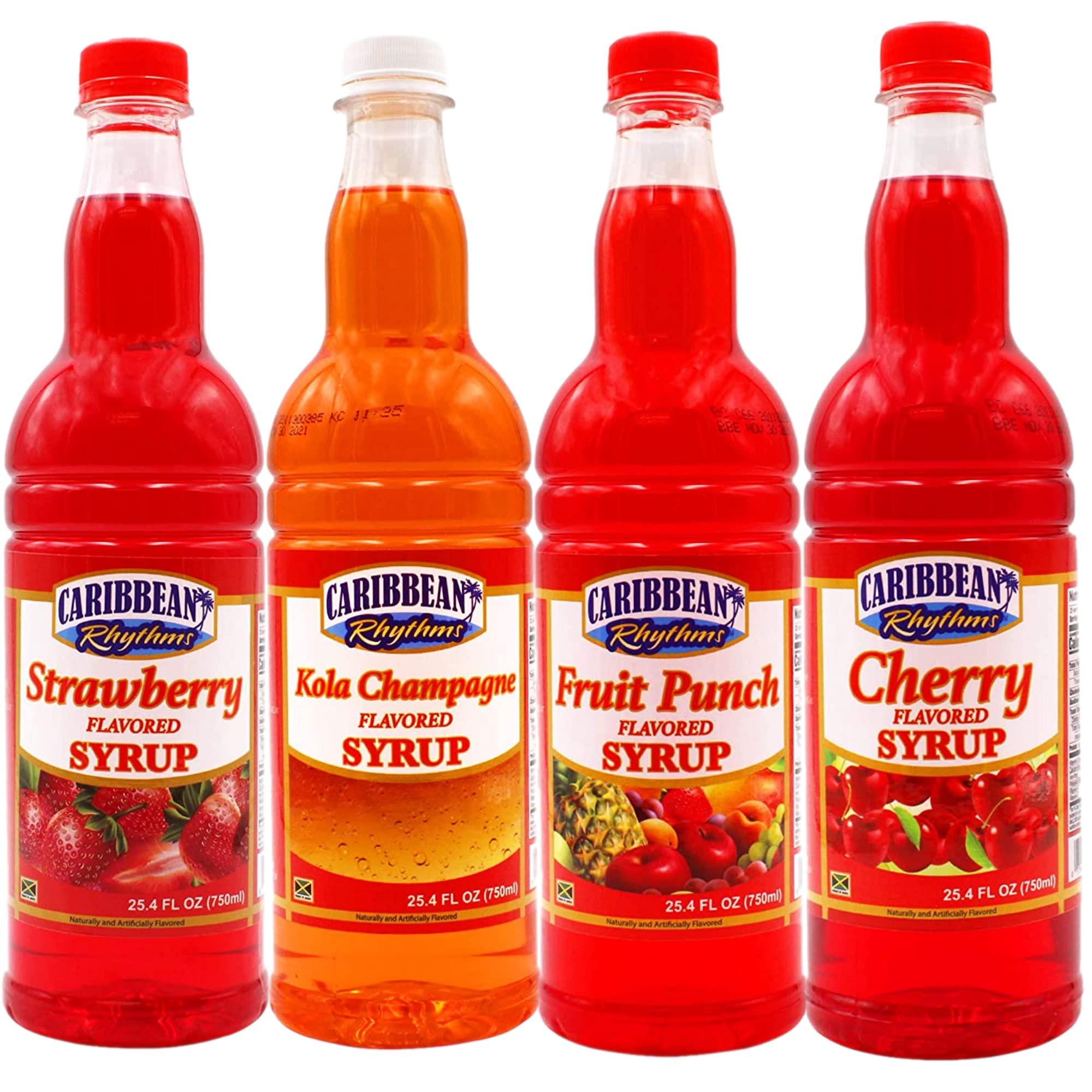 CARIBBEAN RHYTHMS Caribbean Rhythms Syrups Variety Pack, 1 x Strawberry Syrup, 1 x Cherry Syrup, 1 x Fruit Punch Syrup, 1 x Kola Champagne Syrup